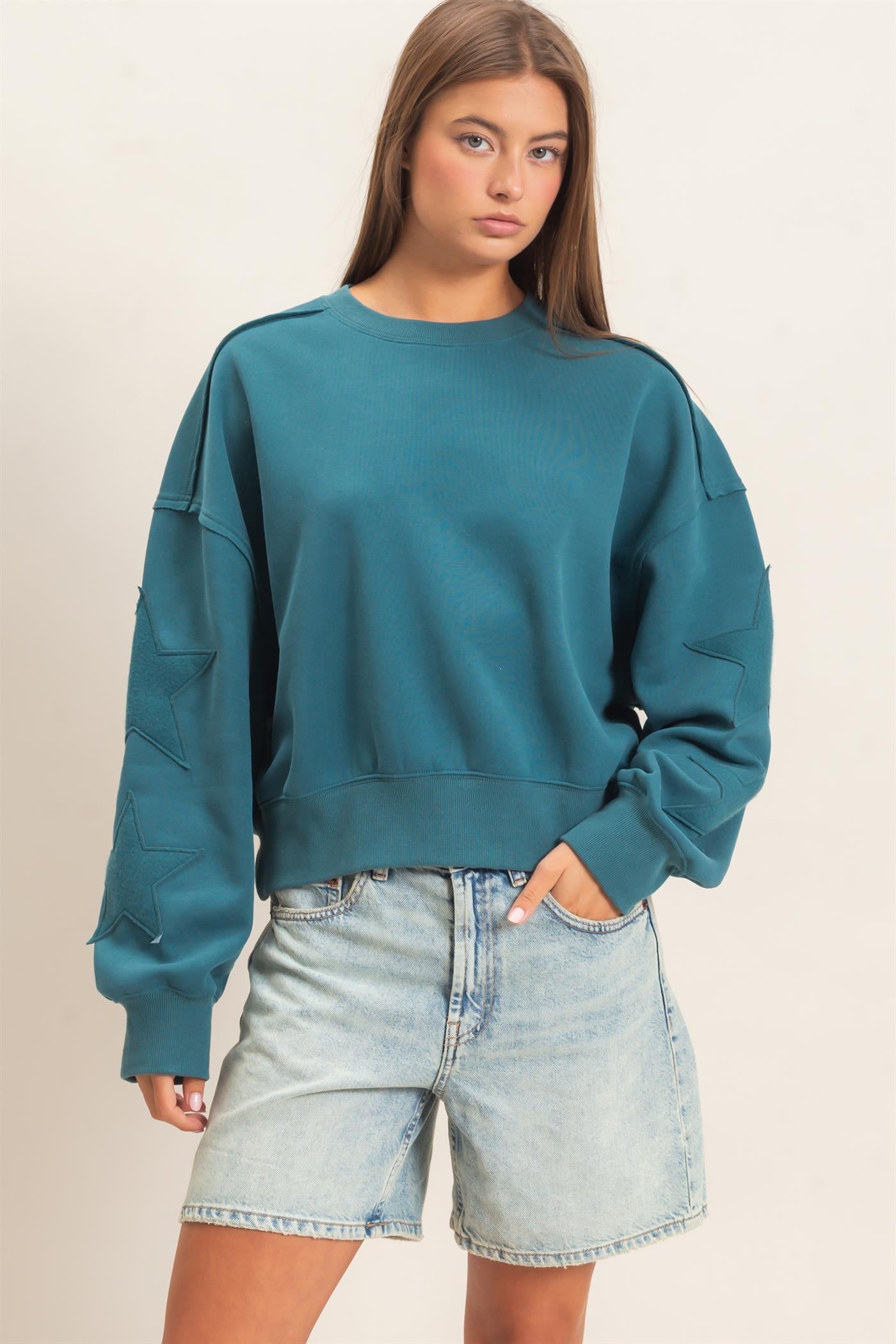 Wholesale Star Patch Sleeve Sweatshirt Sweatshirts DZ26E888 DARK TEAL DOUBLE ZERO