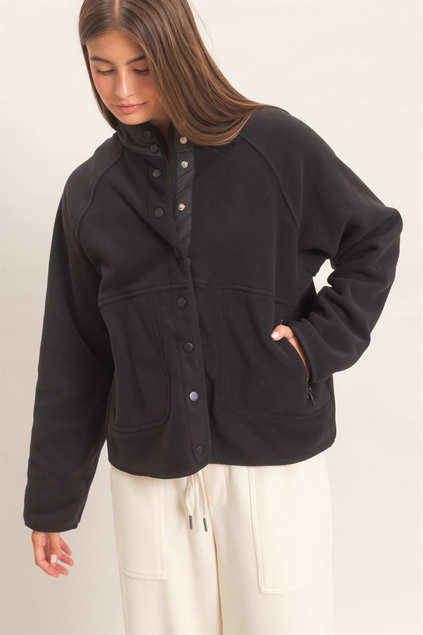 Wholesale Fleece Jacket With Button Front Coats & Jackets DZ26F086 BLACK DOUBLE ZERO
