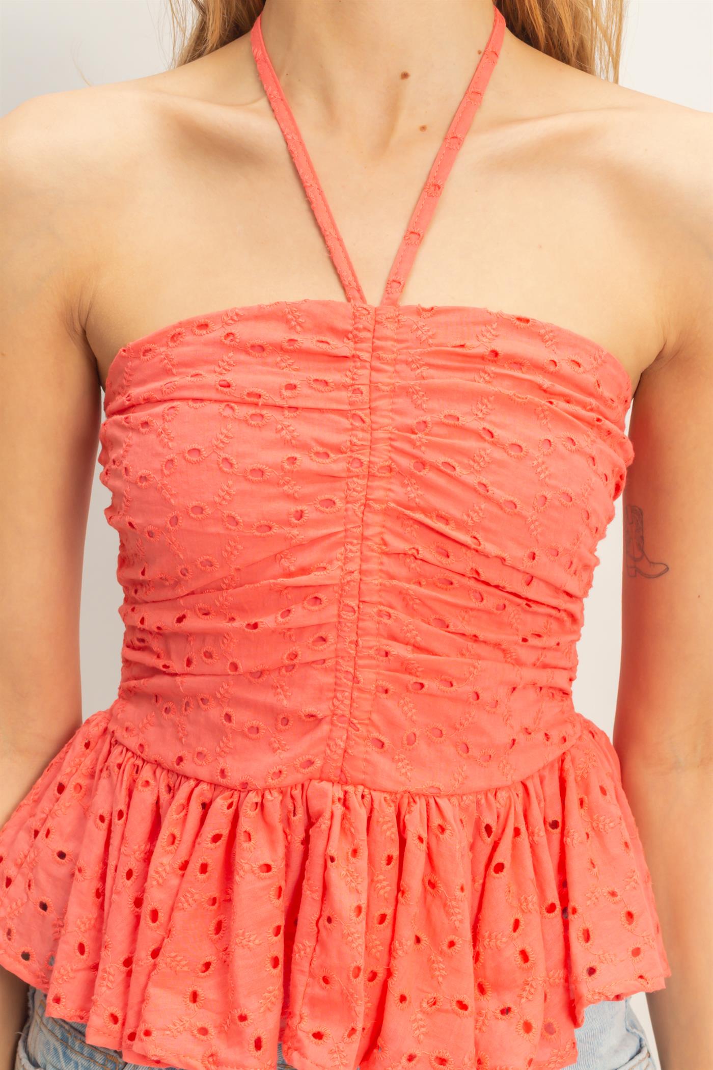 Wholesale Smocked Halter Top Clothing Tops HF26A276 ORANGE RED HYFVE
