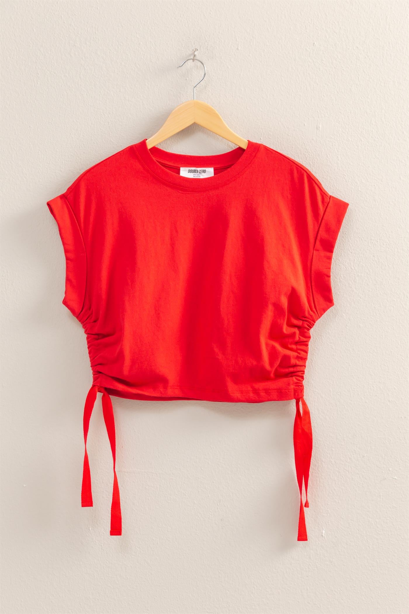Wholesale Short Sleeve Side Tie Detail Top Clothing Tops DZ25C113 RED DOUBLE ZERO