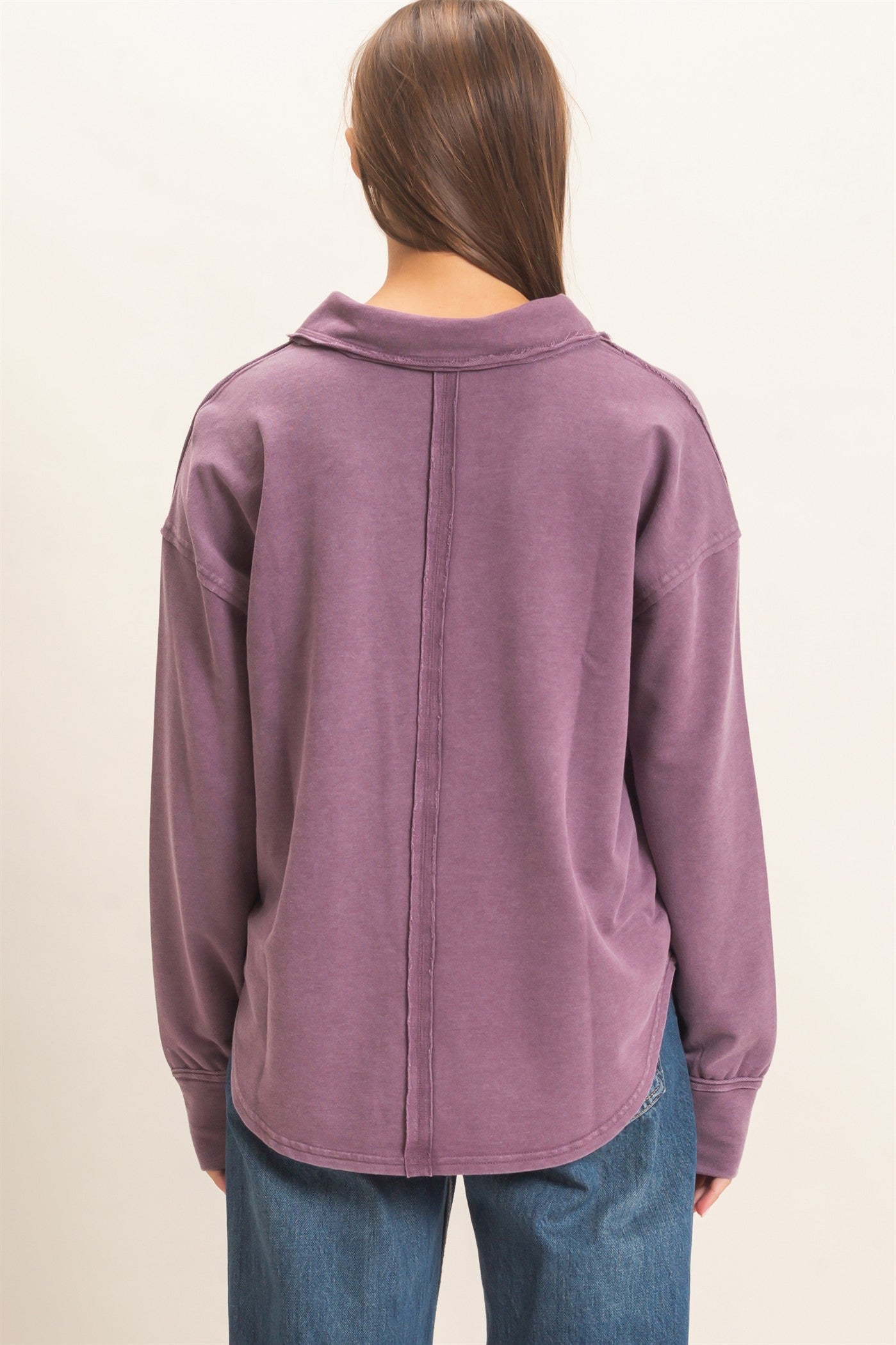 Wholesale Mineral Washed Polo Collar Long Sleeve Top Polos DZ26E887 DARK CHERRY DOUBLE ZERO