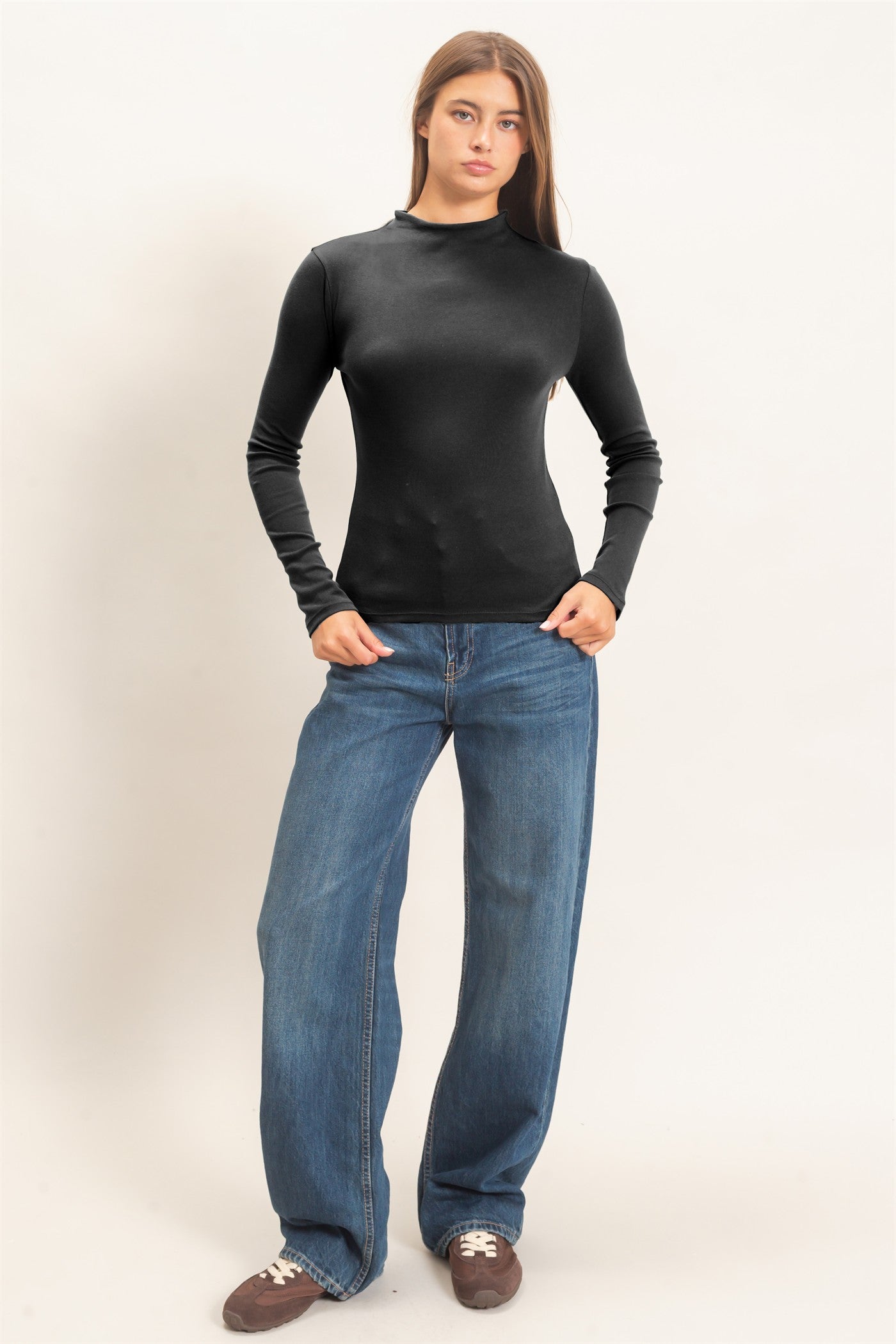 Wholesale Mock Neck Long Sleeve Top Clothing Tops DZ26F281 BLACK DOUBLE ZERO
