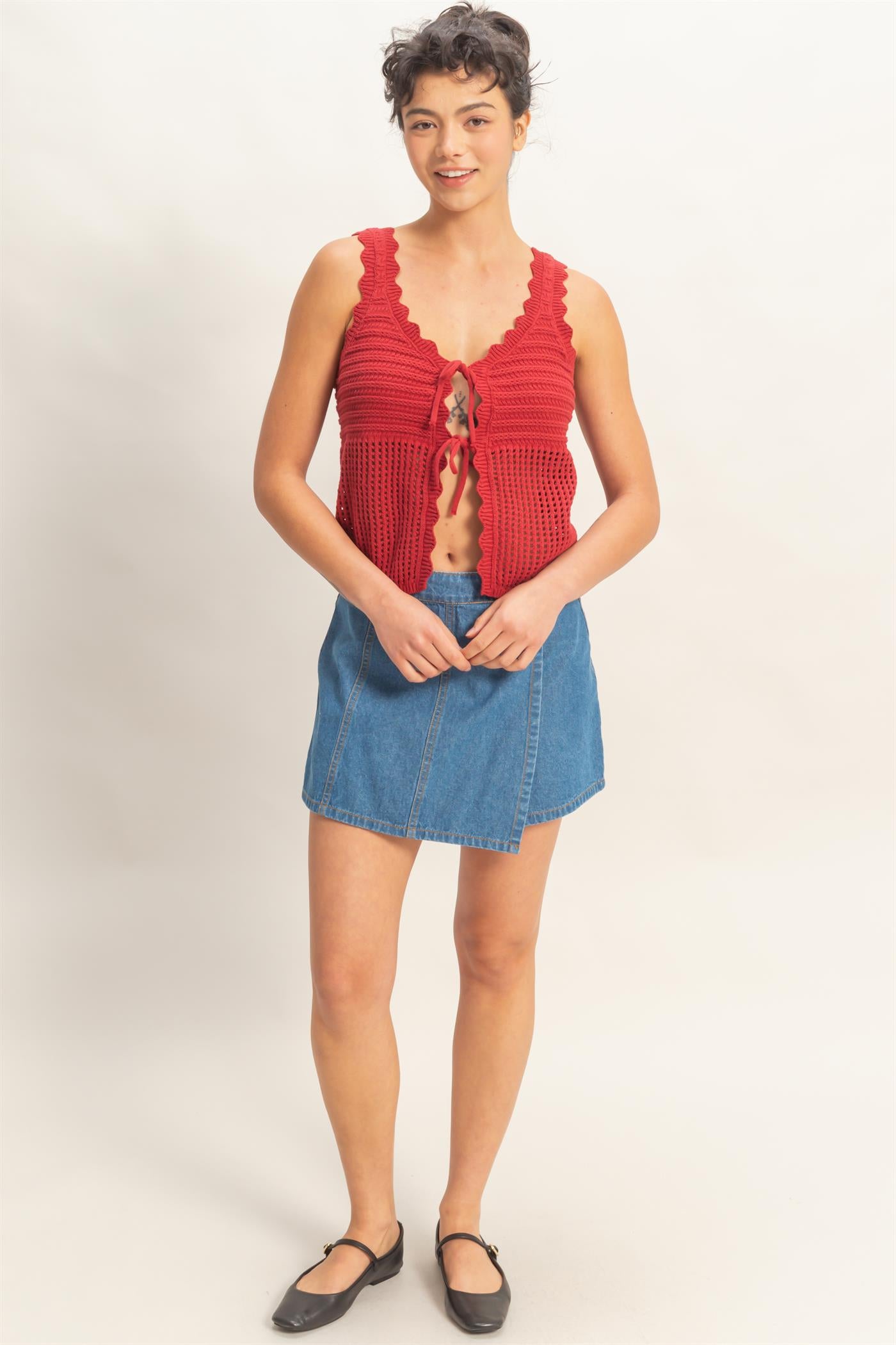 Wholesale Sleeveless Open Knit Double Tie-Front Vest Shirts DZ26A809 DARK RED DOUBLE ZERO
