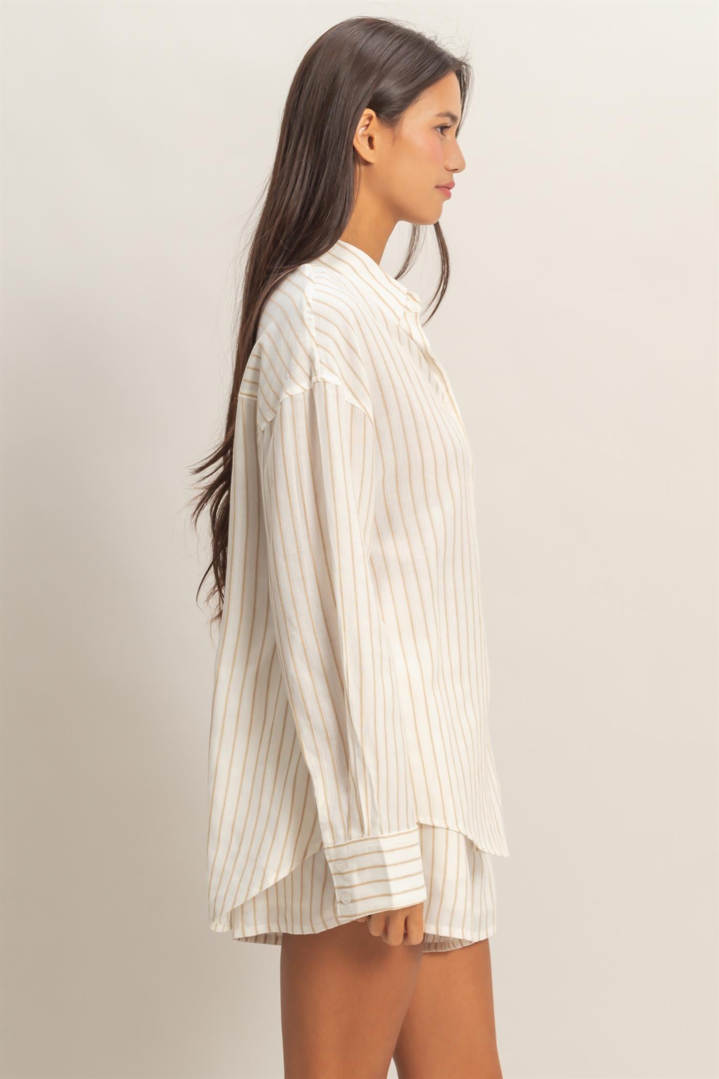 Wholesale Striped Button-Up Shirt Shirts DZ26C413 TAUPE DOUBLE ZERO