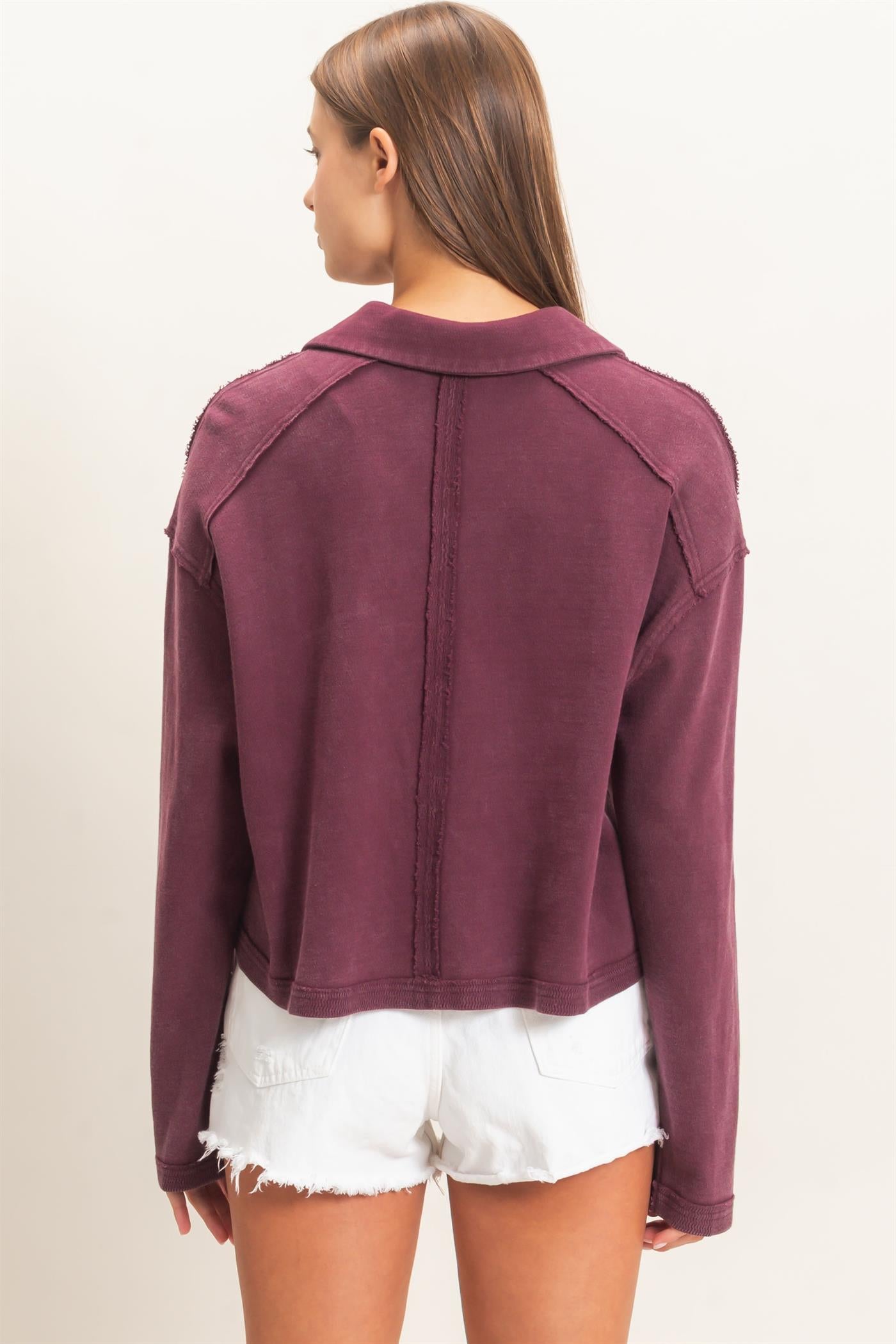 Wholesale Mineral Wash Textured Collar Top Polos DZ26E814 DARK CHERRY DOUBLE ZERO
