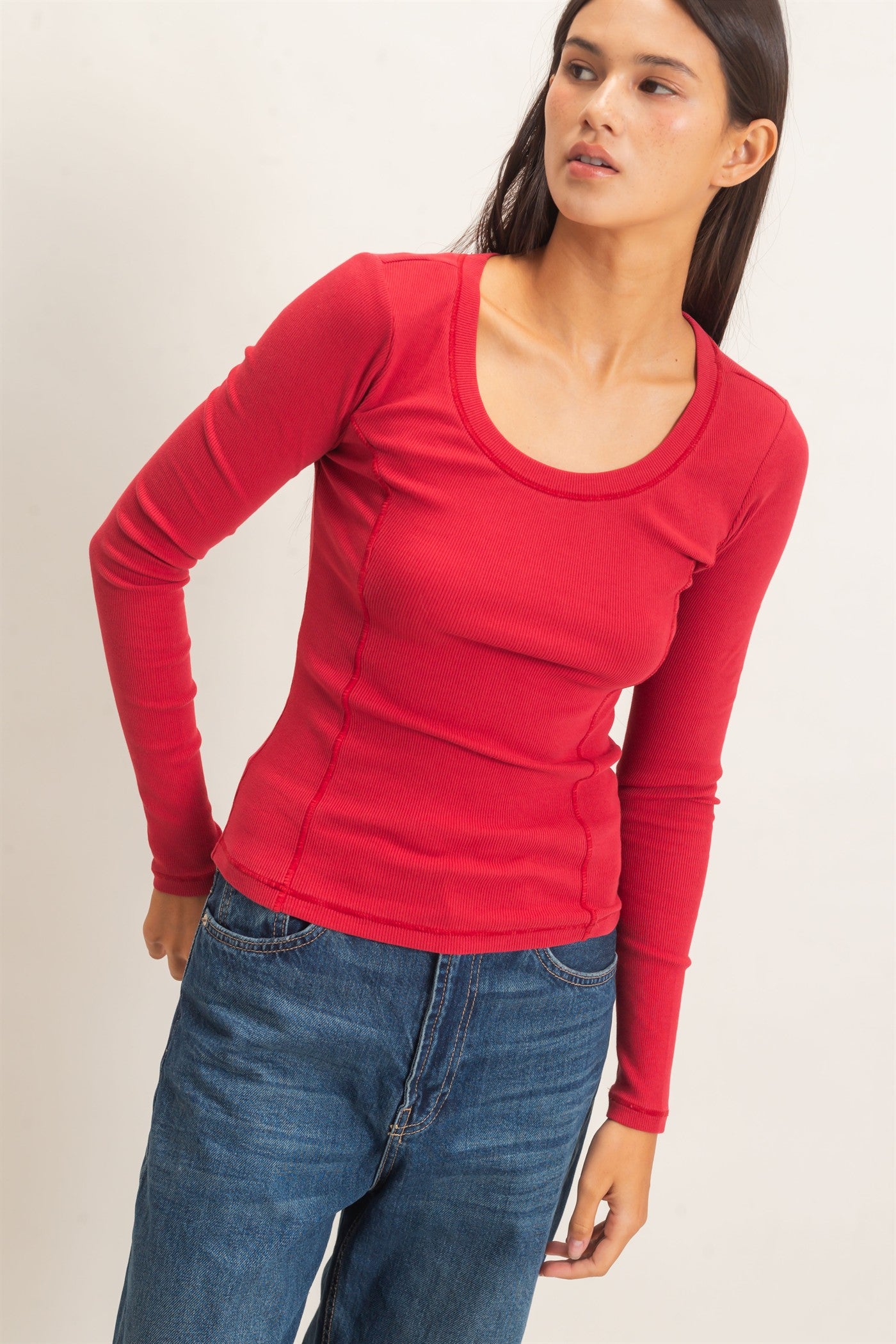 Wholesale Pigment Dye Seam Detail Scoop Neck Top Clothing Tops DZ26E242 DARK RED DOUBLE ZERO