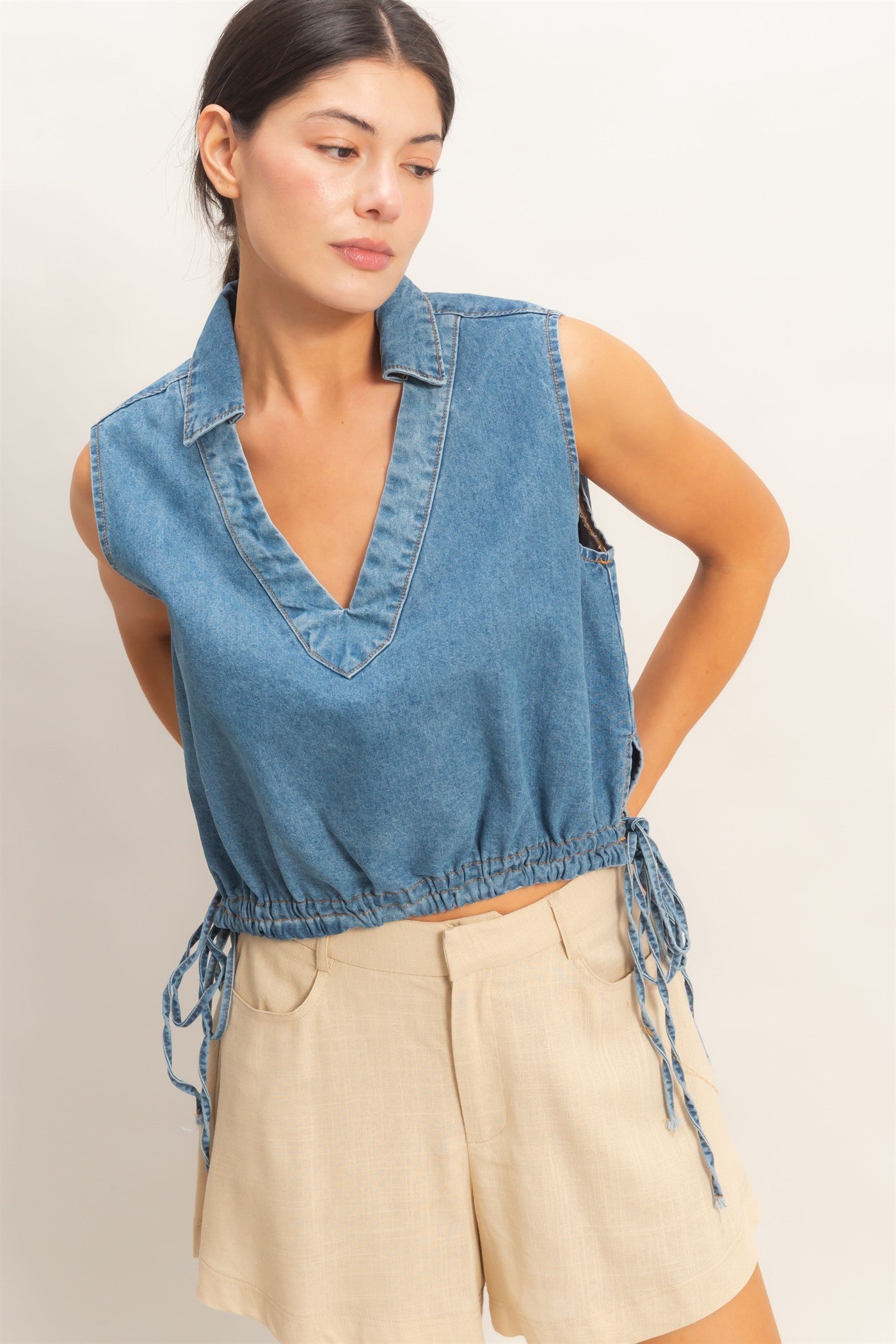 Wholesale Collared V-Neck Drawstring Tank Clothing Tops HF26C220 LIGHT BLUE HYFVE