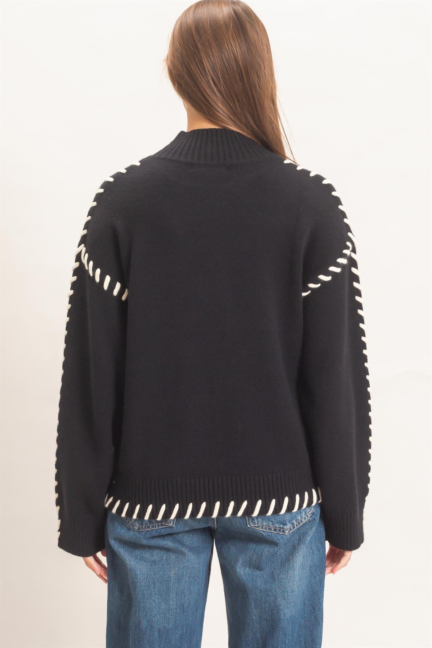Wholesale Blanket Stitch High Neck Sweater Sweaters DZ27A190 BLACK DOUBLE ZERO