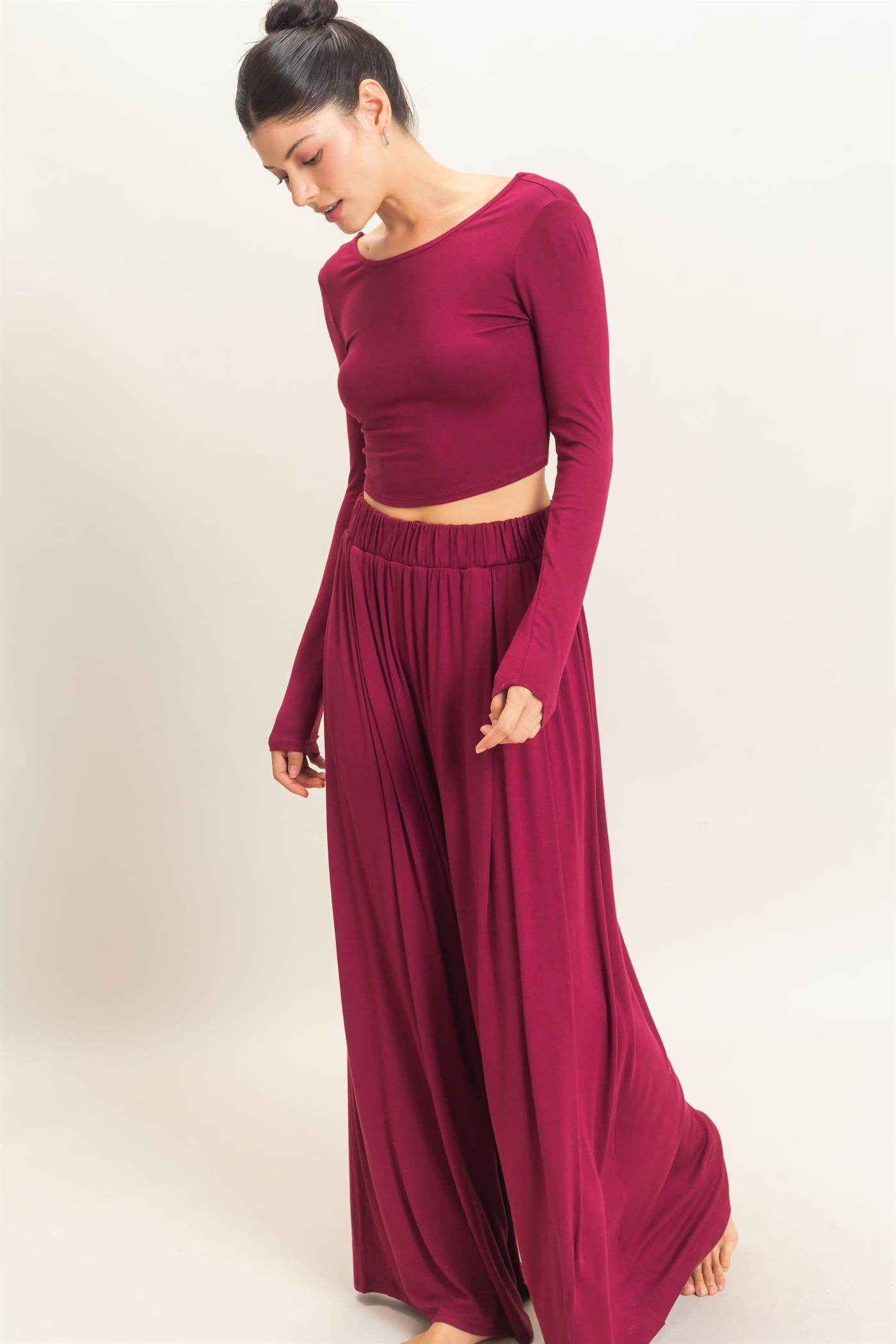 Wholesale Long Sleeve Top & Wide Leg Pants Set Clothing HF26F227-SET-D BURGUNDY HYFVE