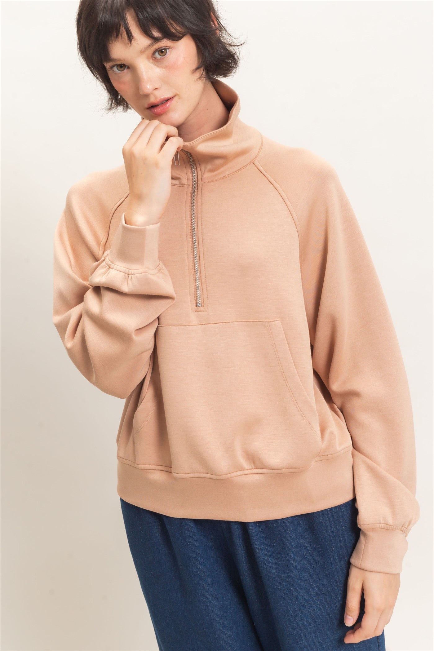Wholesale Half-Zip Collar Raglan Pullover Sweatshirts DZ26C967 DARK TAUPE DOUBLE ZERO