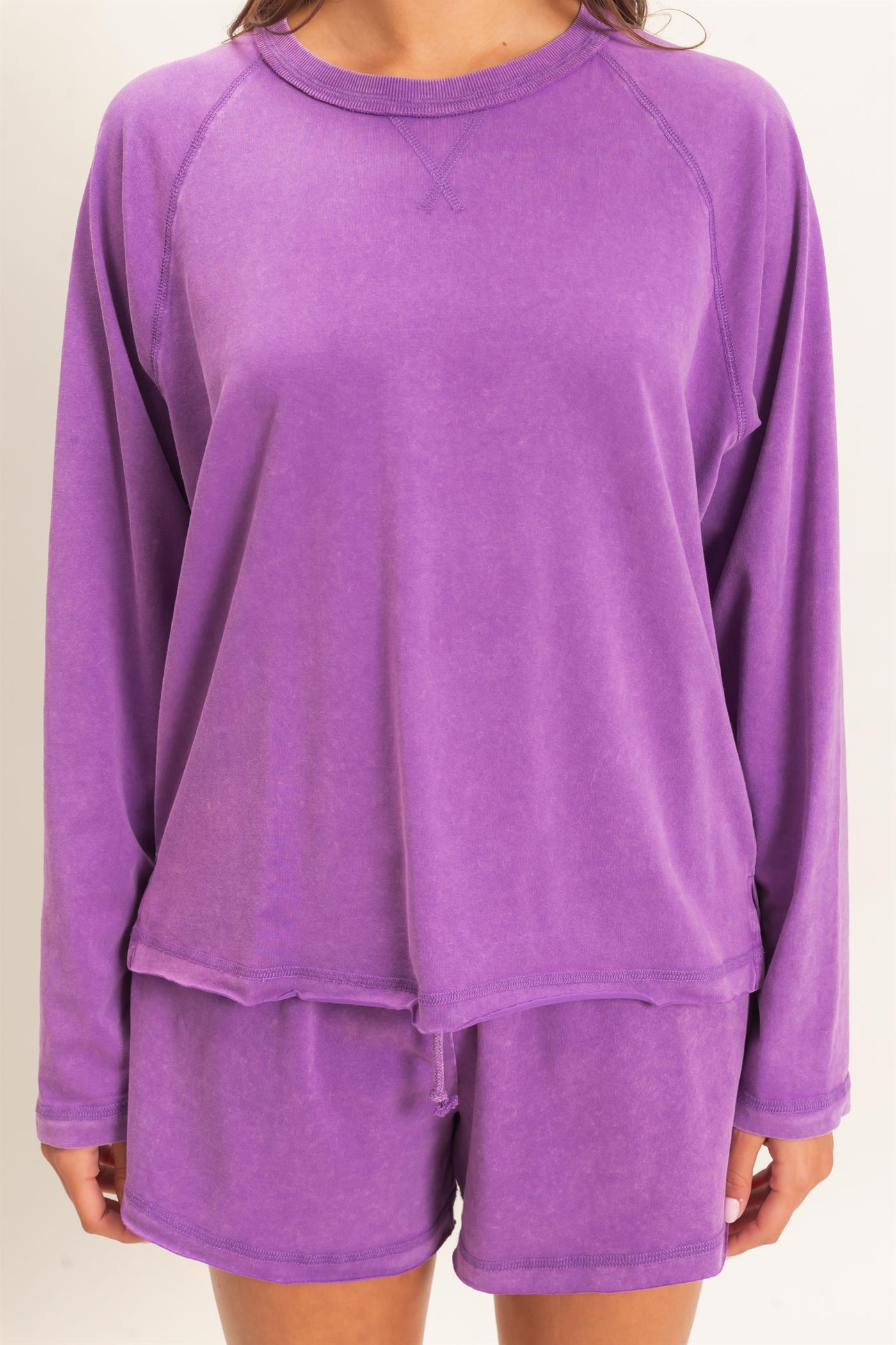 Wholesale Mineral Wash Long Sleeve Raw Edge Top & Shorts Set Clothing DZ26F403-SET PLUM DOUBLE ZERO