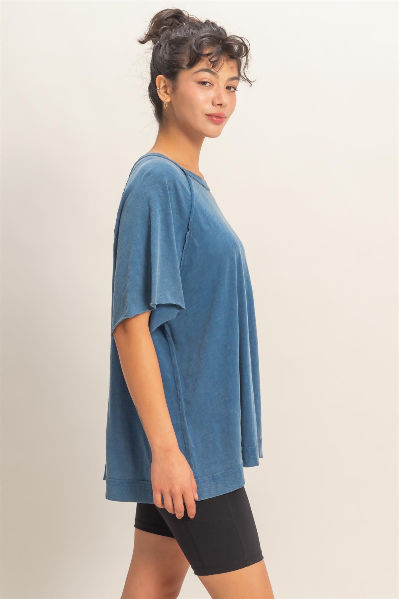 Wholesale Acid Washed Oversized Raw Edges Raglan Tee T-Shirts DZ26A333 NAVY DOUBLE ZERO