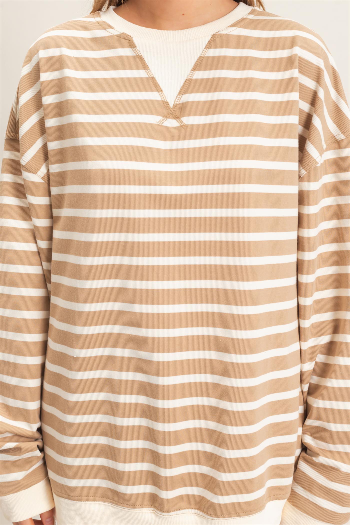 Wholesale Striped Long Sleeve Pullover Sweatshirts HF26F077 TAUPE/CREAM HYFVE