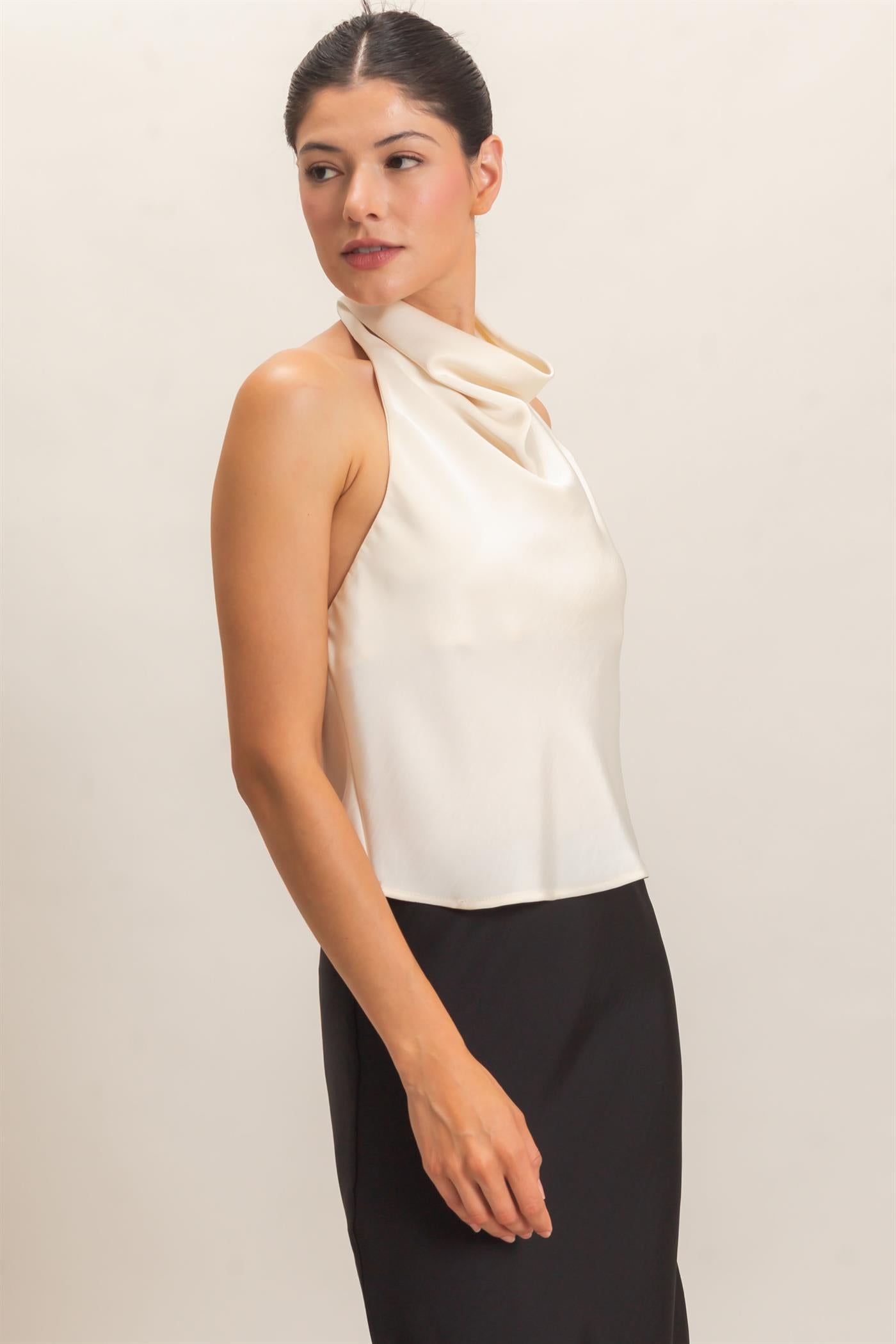 Wholesale Draped Halter Satin Top Blouses HF26E632 CREAM HYFVE