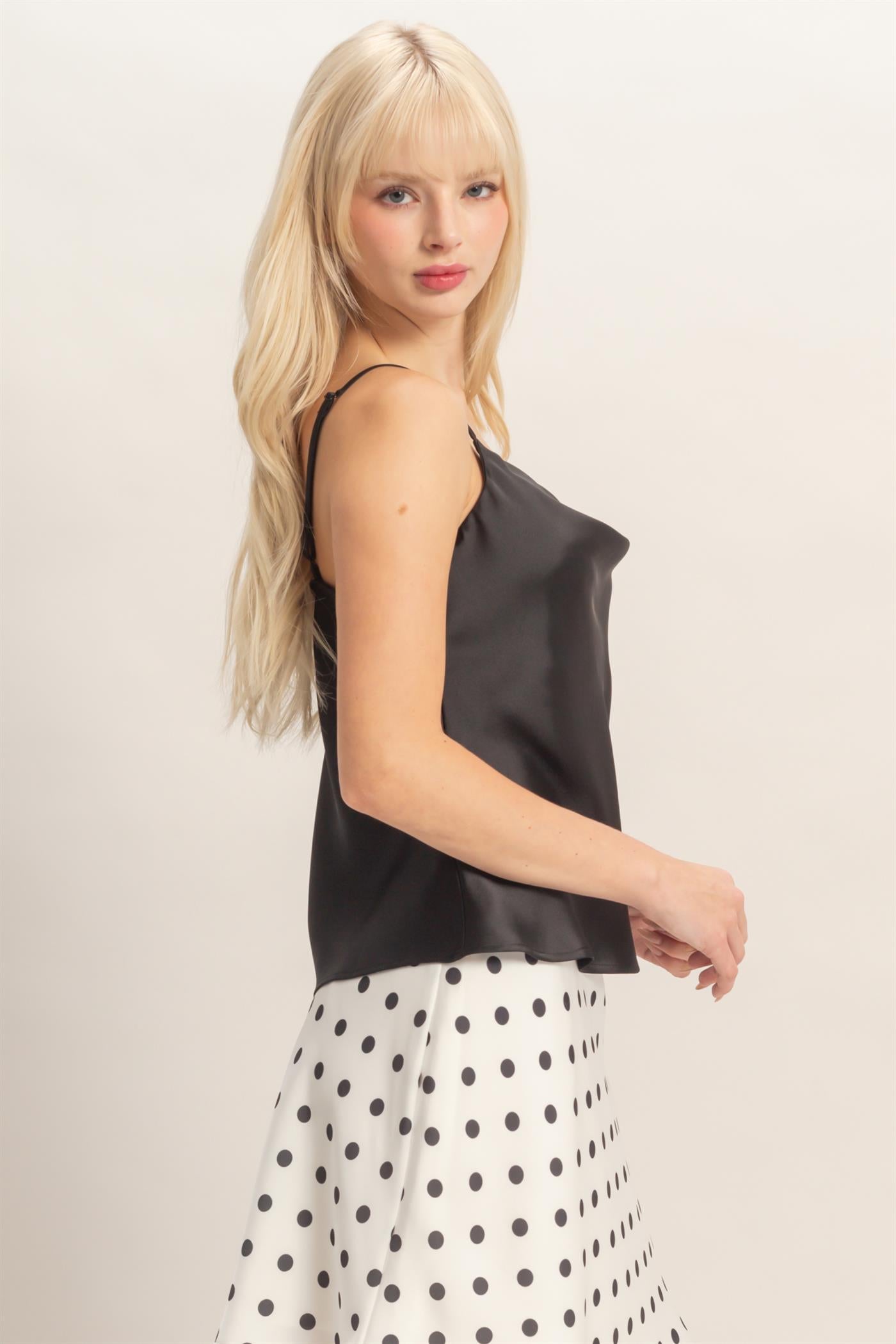 Wholesale Cowl Neck Satin Cami Top Clothing Tops DZ26A277 BLACK DOUBLE ZERO