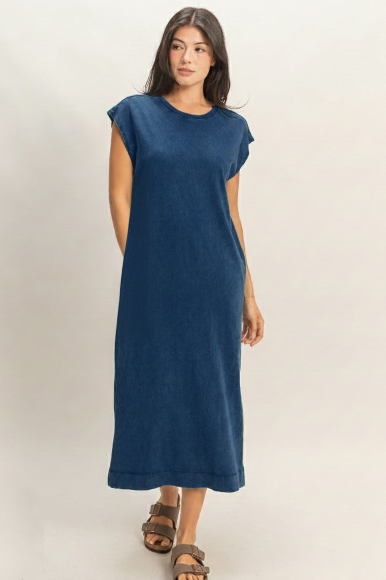 Wholesale Mineral Wash Cap Sleeve Midi Dress Dresses DZ26A049 NAVY DOUBLE ZERO