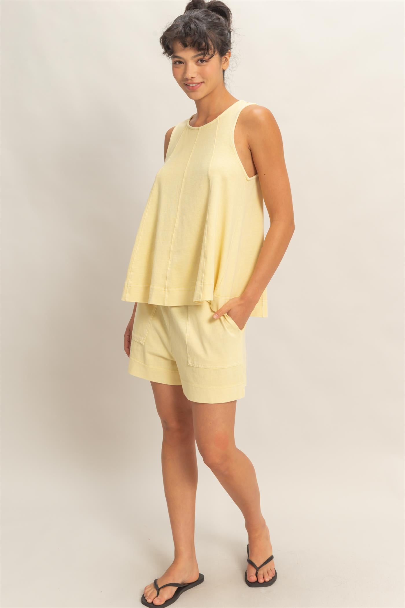 Wholesale Sleeveless Round Neck Top & Shorts Set Clothing DZ26C730-SET PALE YELLOW DOUBLE ZERO