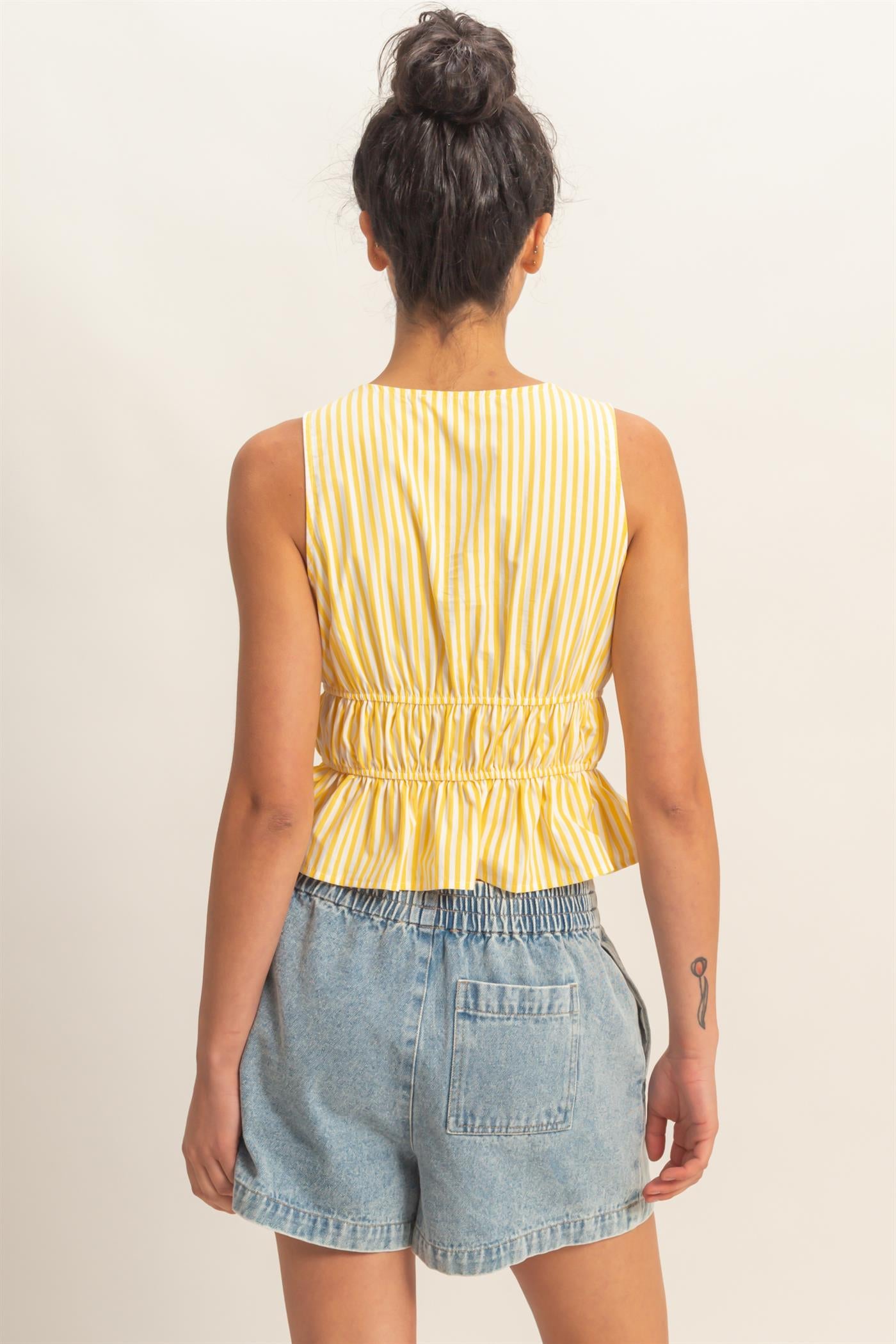 Wholesale Striped Tie Front Peplum Sleeveless Top Clothing Tops DZ26C534 YELLOW DOUBLE ZERO