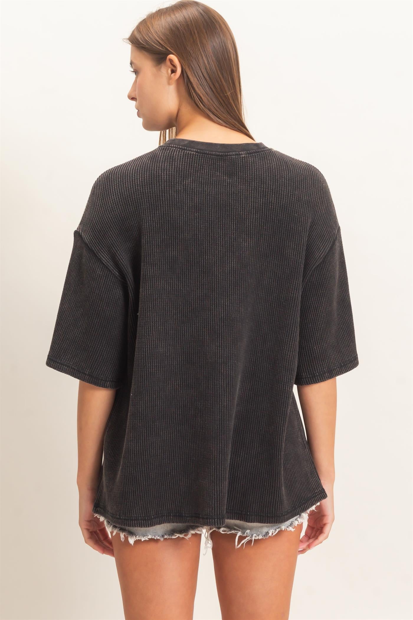 Wholesale Mineral Wash Waffle Crew Neck Short Sleeve Top Clothing Tops DZ26E328 BLACK DOUBLE ZERO