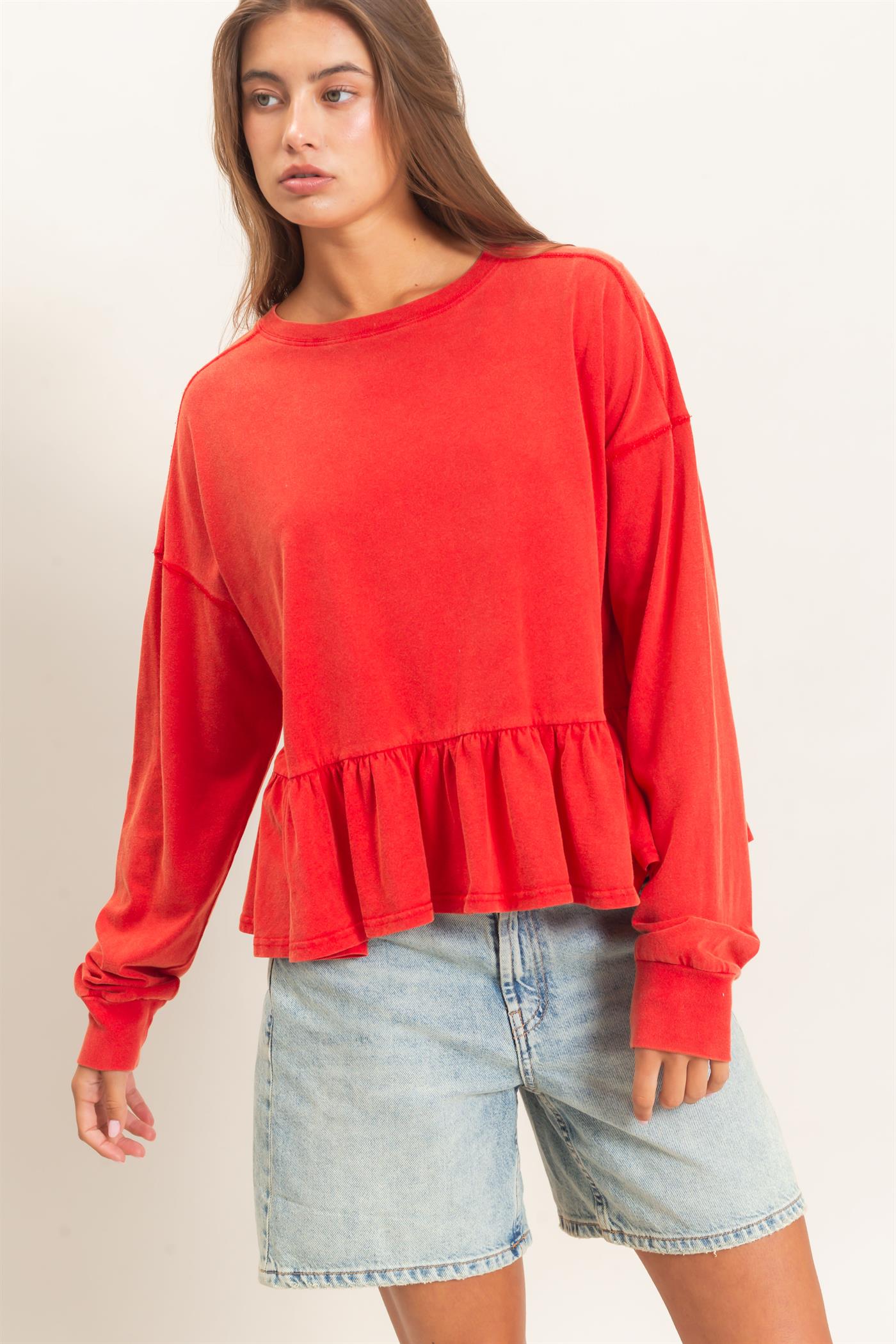 Wholesale Peplum Long Sleeve Top Clothing Tops DZ26F397 RED DOUBLE ZERO