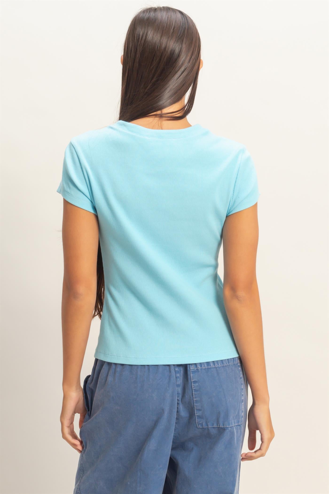 Wholesale Ribbed Button-Front Crew Neck Top Clothing Tops DZ26A727 BLUE DOUBLE ZERO