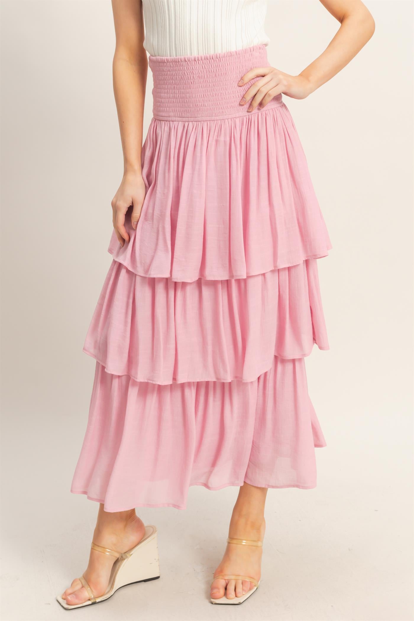 Wholesale Tiered Smocked Waist Skirt Skirts HF26C188-D PINK HYFVE