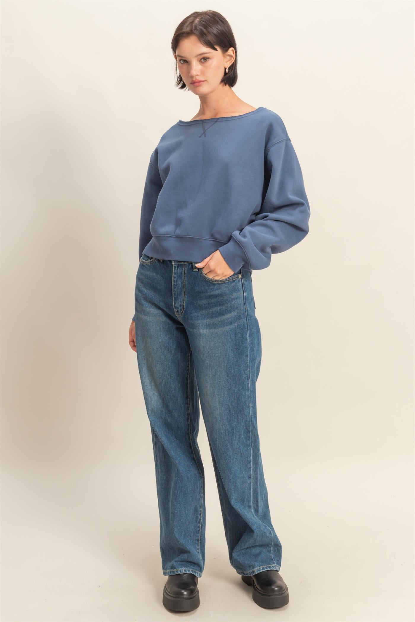 Wholesale Boatneck Long Sleeve Pullover Sweatshirt Sweatshirts DZ25E407 DUSTY NAVY DOUBLE ZERO