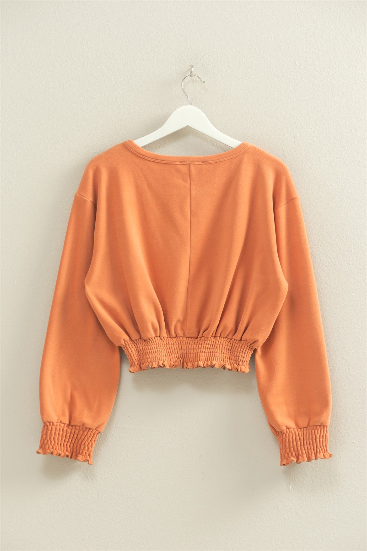 Wholesale Brushed Knit Smocked Crop Top Clothing Tops HF24C116 CARAMEL HYFVE