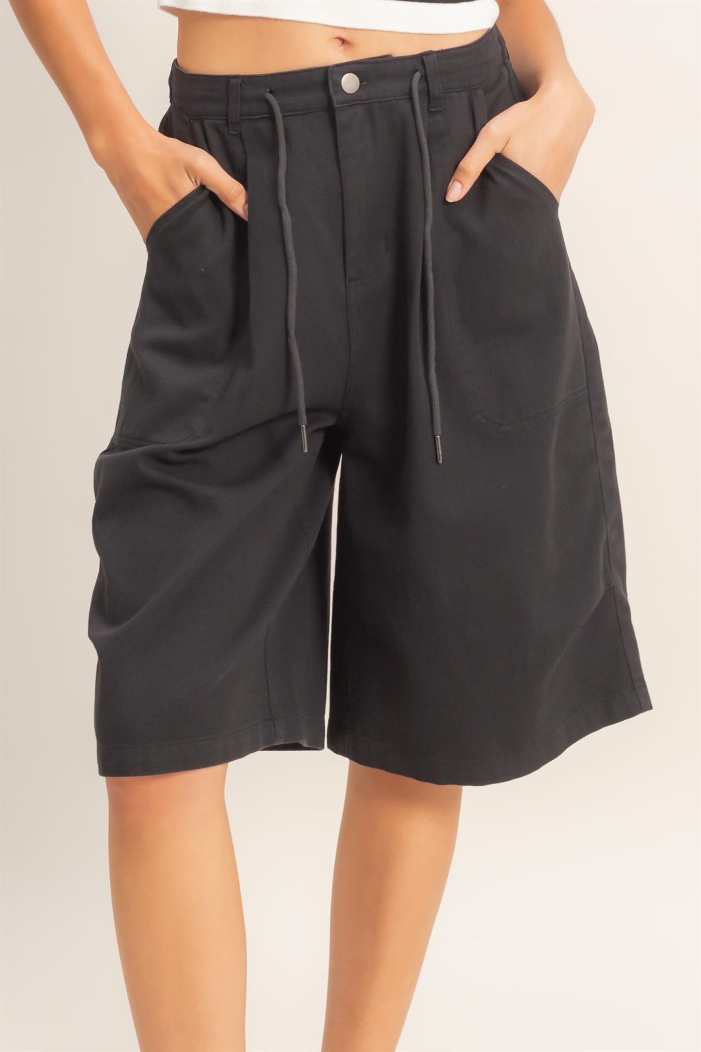 Wholesale Drawstring Waist Wide Leg Jorts Shorts DZ26F283 BLACK DOUBLE ZERO