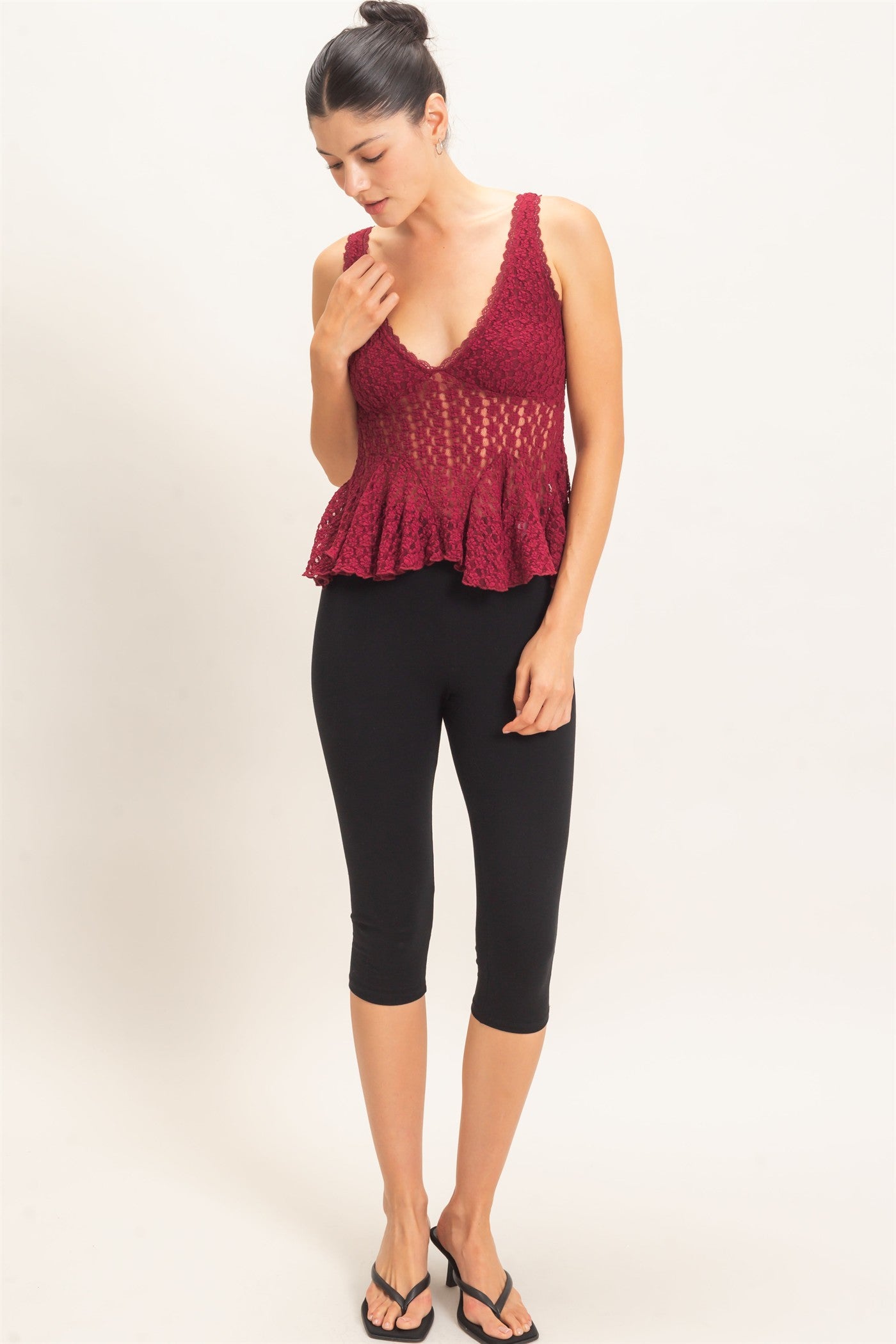 Wholesale Lace V-Neck Peplum Top Clothing Tops HF26E088 BURGUNDY HYFVE