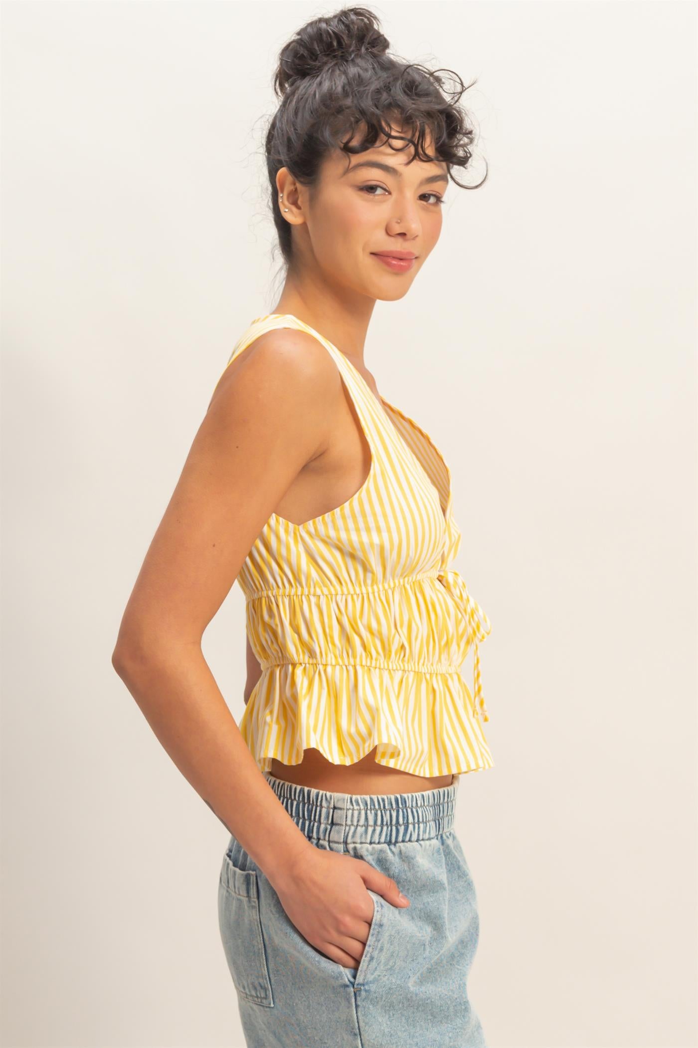 Wholesale Striped Tie Front Peplum Sleeveless Top Clothing Tops DZ26C534 YELLOW DOUBLE ZERO