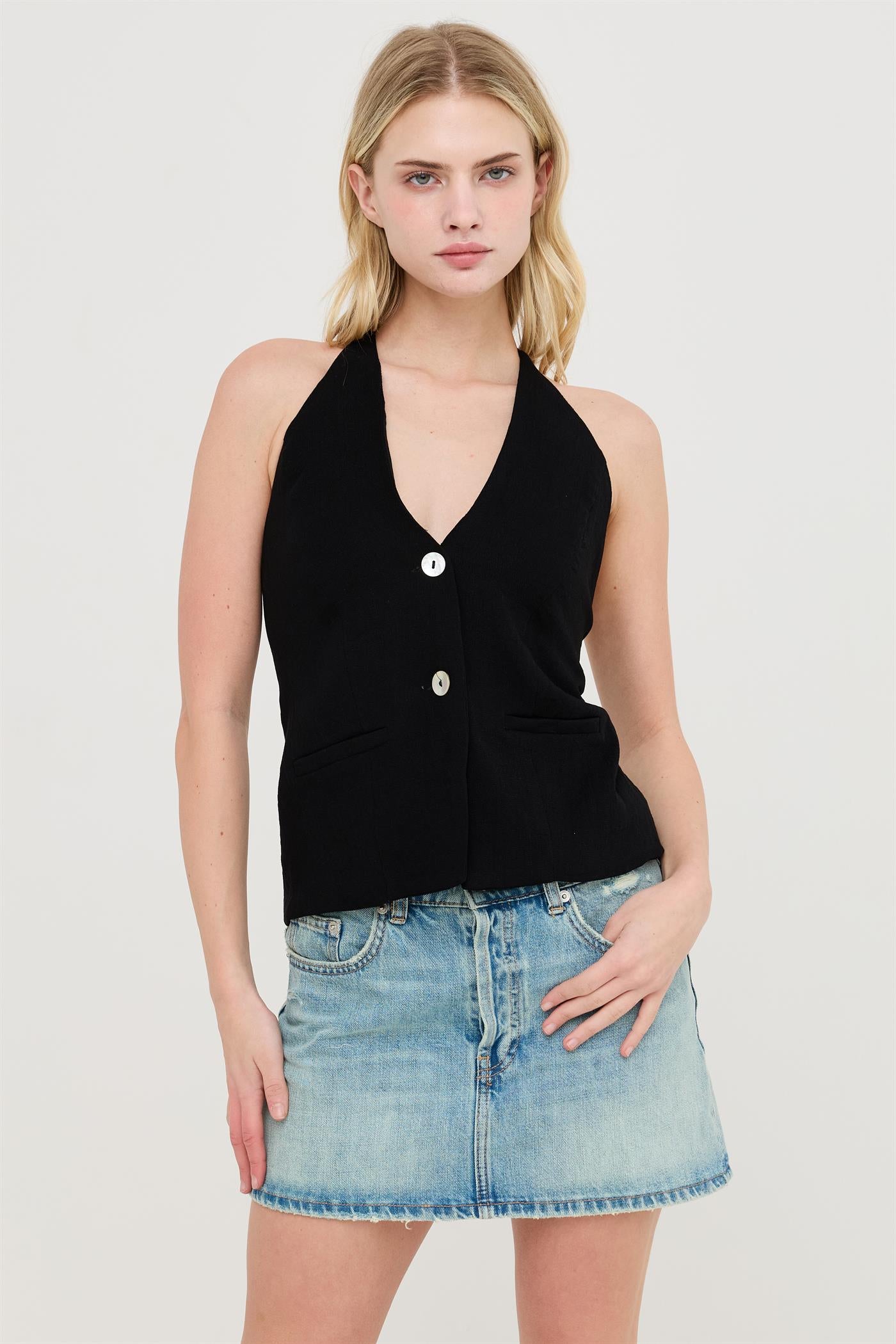 Wholesale Button Front Halter Top Clothing Tops HF26C130 BLACK HYFVE