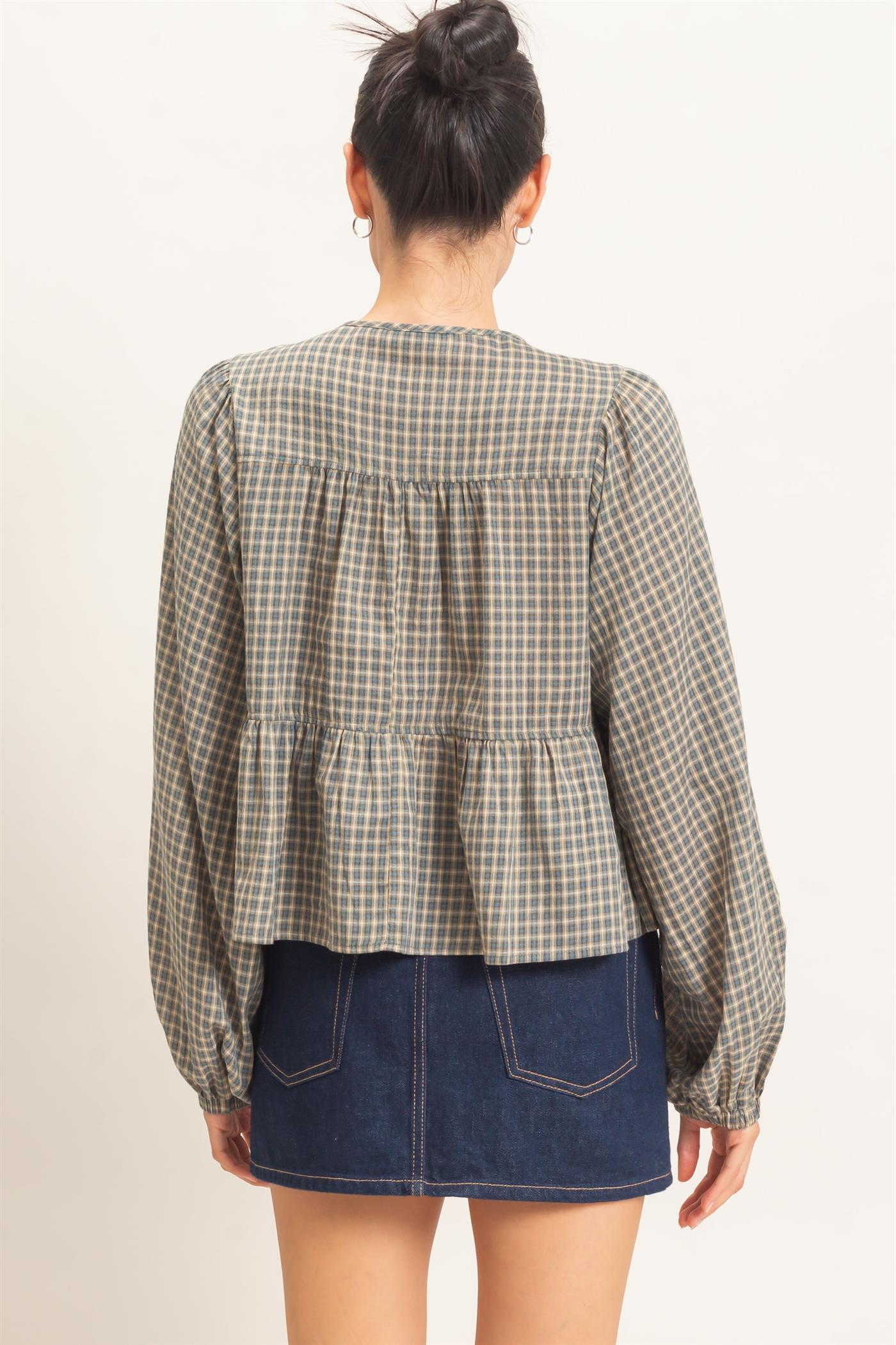 Wholesale Checkered Tie Neck Top Clothing Tops HF26E732 TEAL BLUE HYFVE