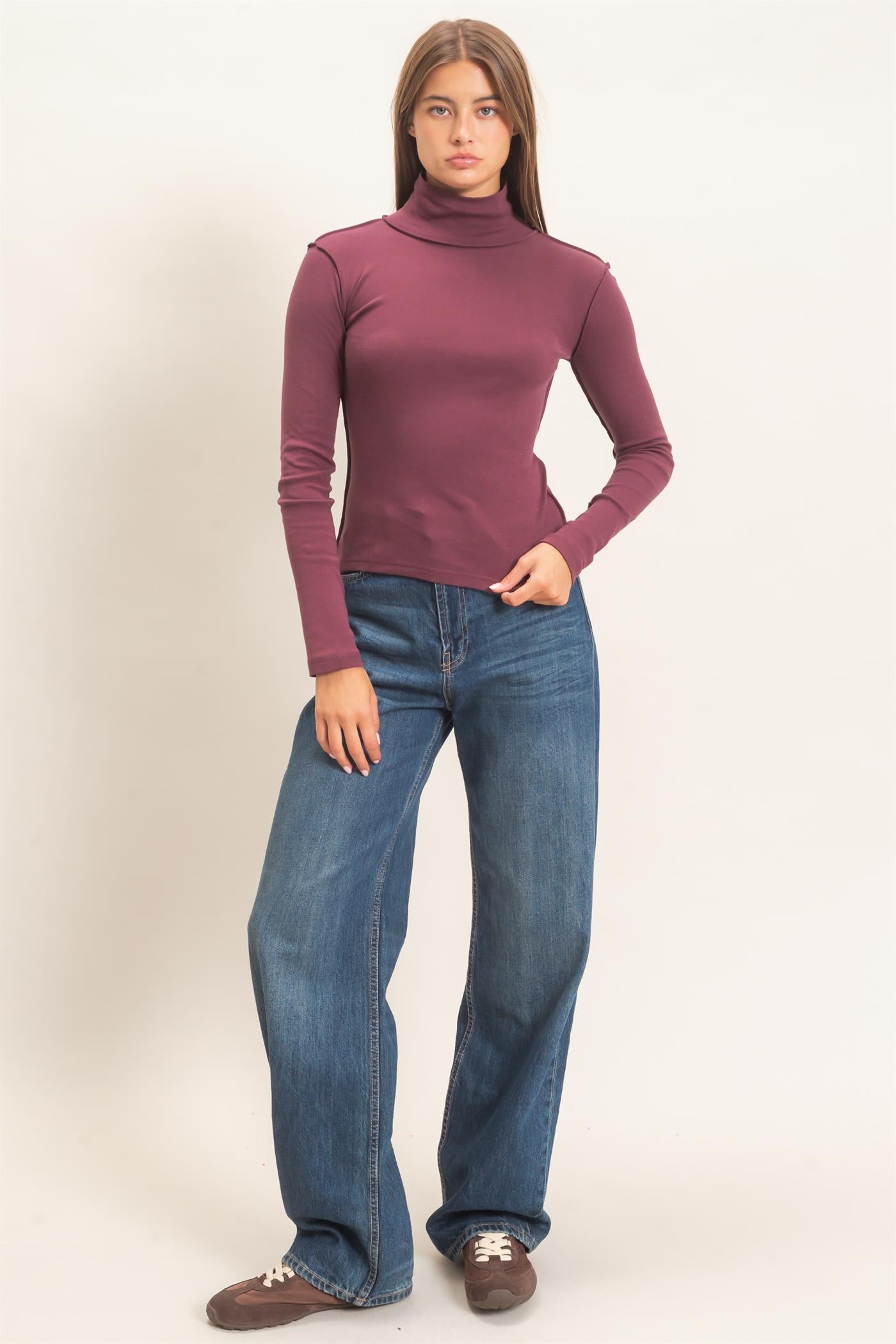 Wholesale Turtleneck Exposed Seam Long Sleeve Top Clothing Tops DZ26F241 DARK CHERRY HYFVE