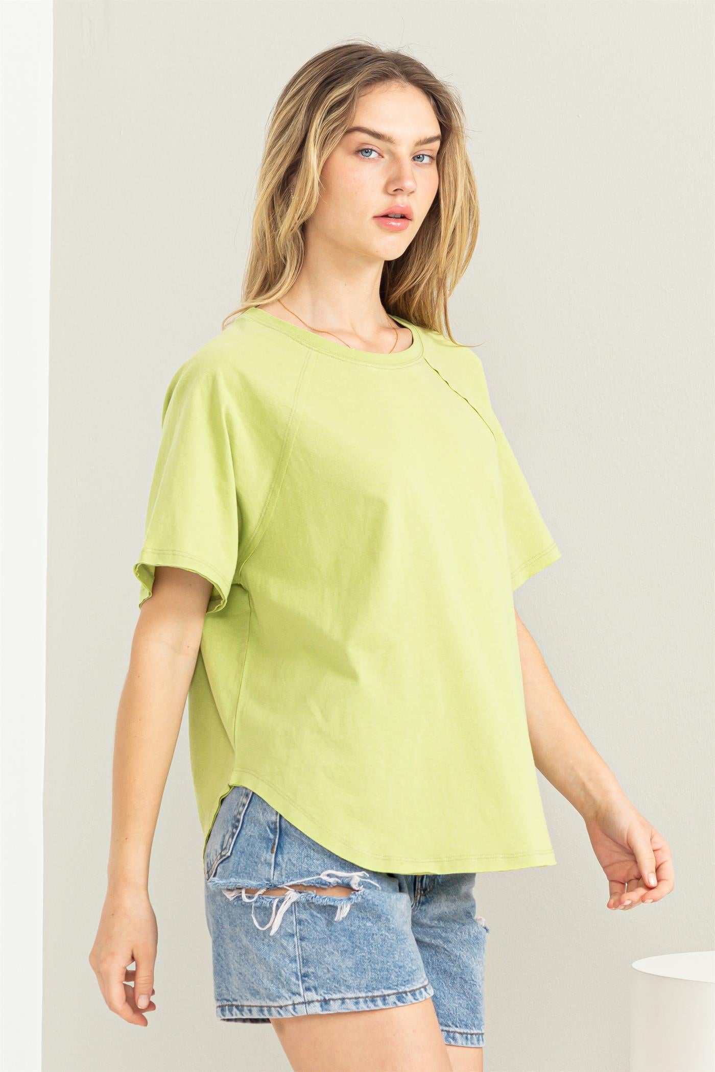 Wholesale Round Neck Curved Hem Short Sleeve T Shirt Clothing Tops DZ23C325 PALE OLIVE HYFVE