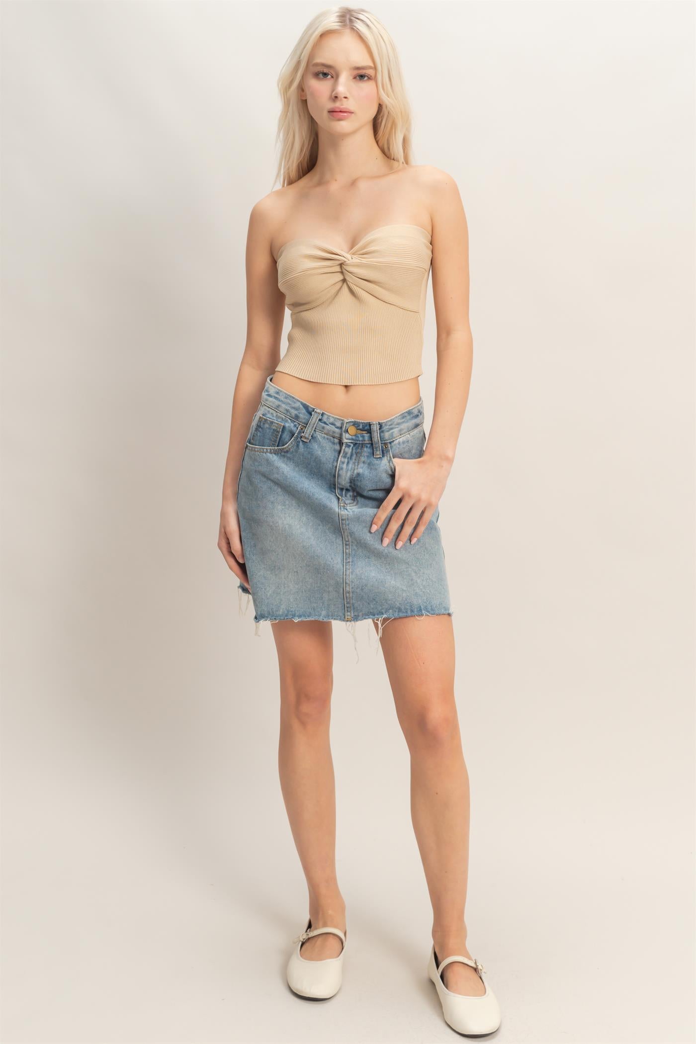 Wholesale Ribbed Knot Bustier Top Clothing Tops DZ26A308 TAUPE DOUBLE ZERO