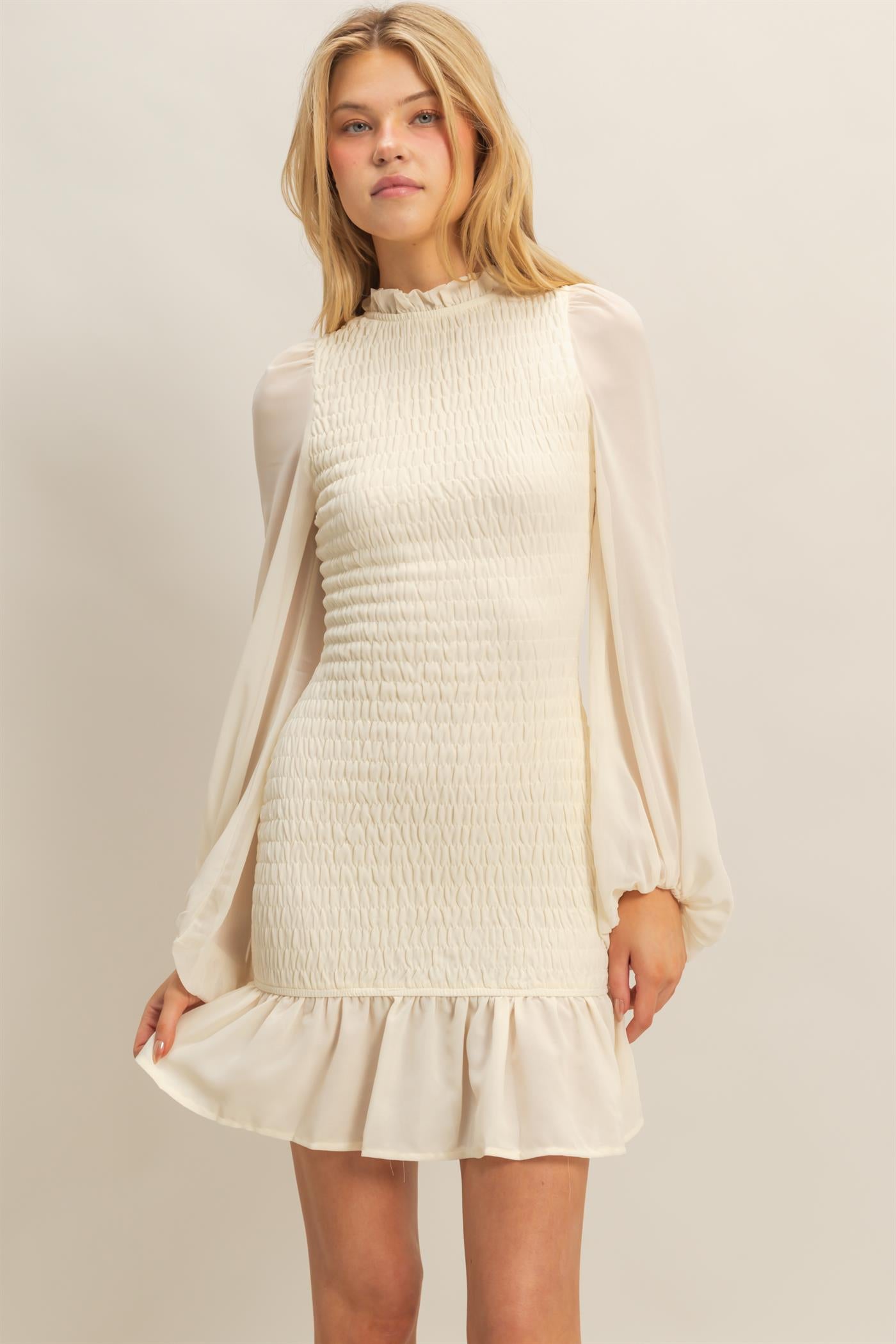Wholesale Smocked Ruffled Mini Dress Dresses HF23G430 OFF WHITE HYFVE