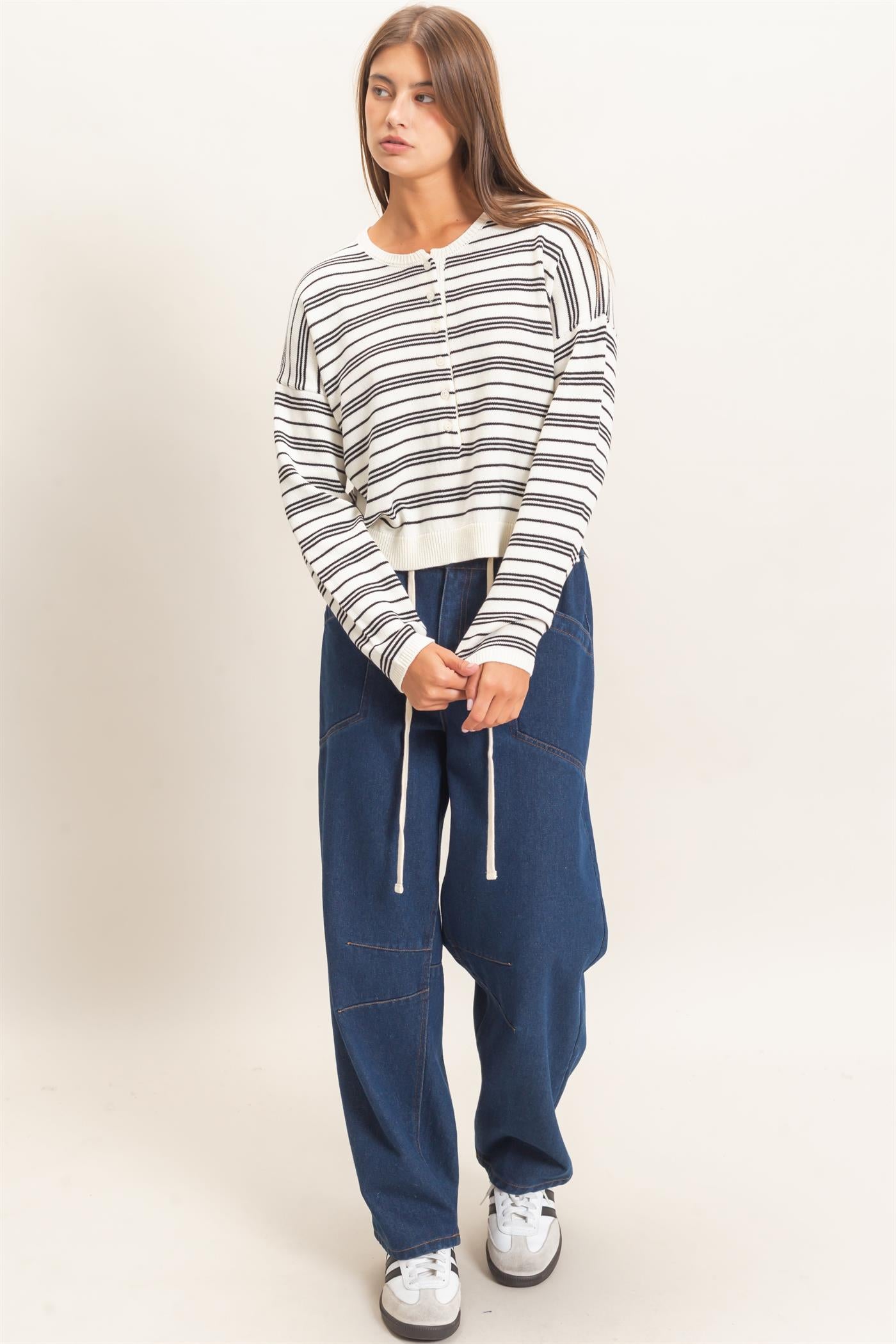 Wholesale Striped Henley Sweater Sweaters DZ26E113 CREAM DOUBLE ZERO
