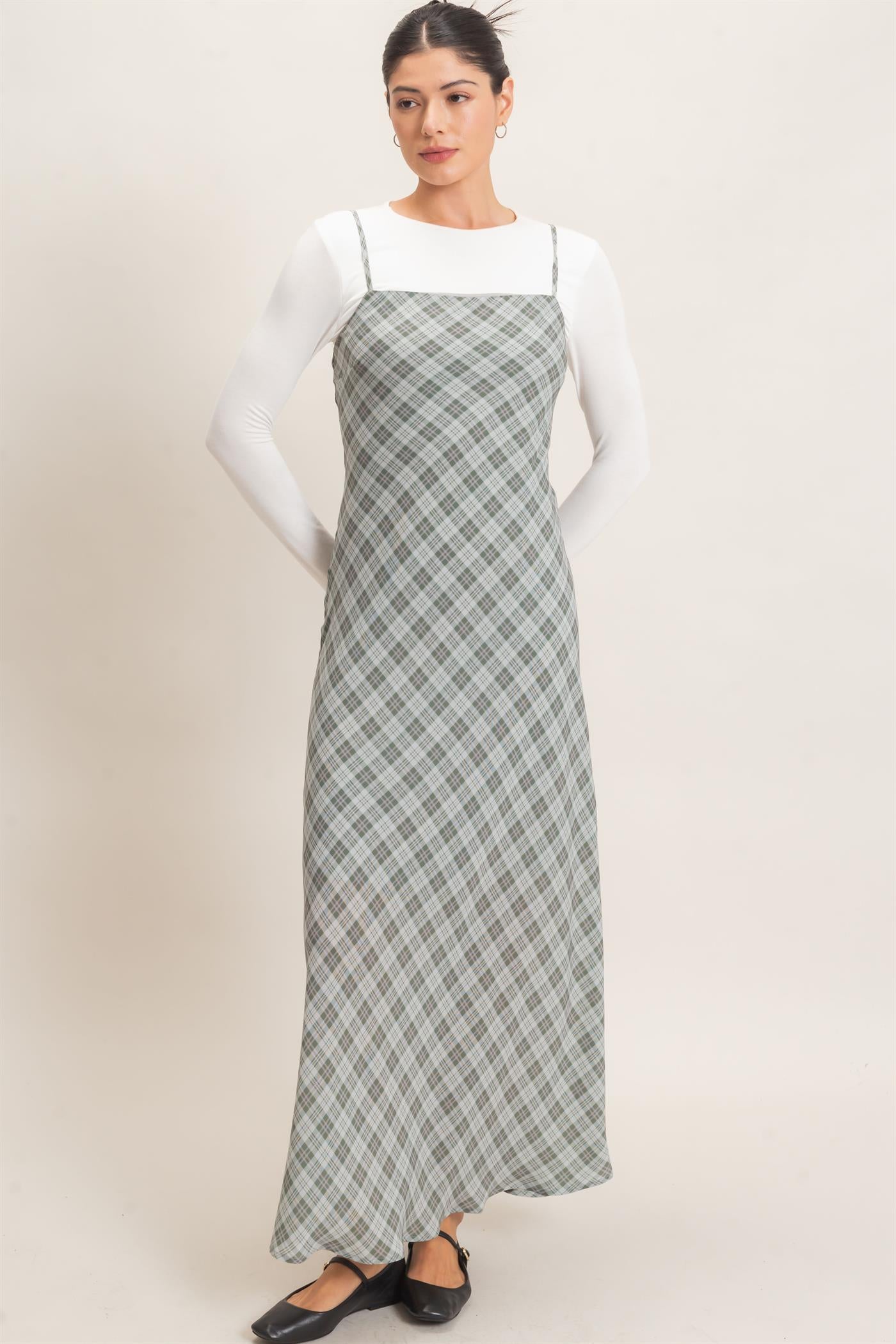 Wholesale Plaid Spaghetti Strap Maxi Dress Dresses HF26E573 SAGE GREEN HYFVE