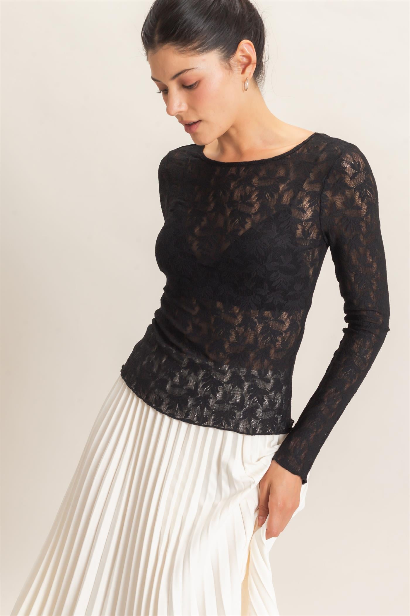 Wholesale Floral Lace Long Sleeve Top Clothing Tops HF26E309 BLACK HYFVE
