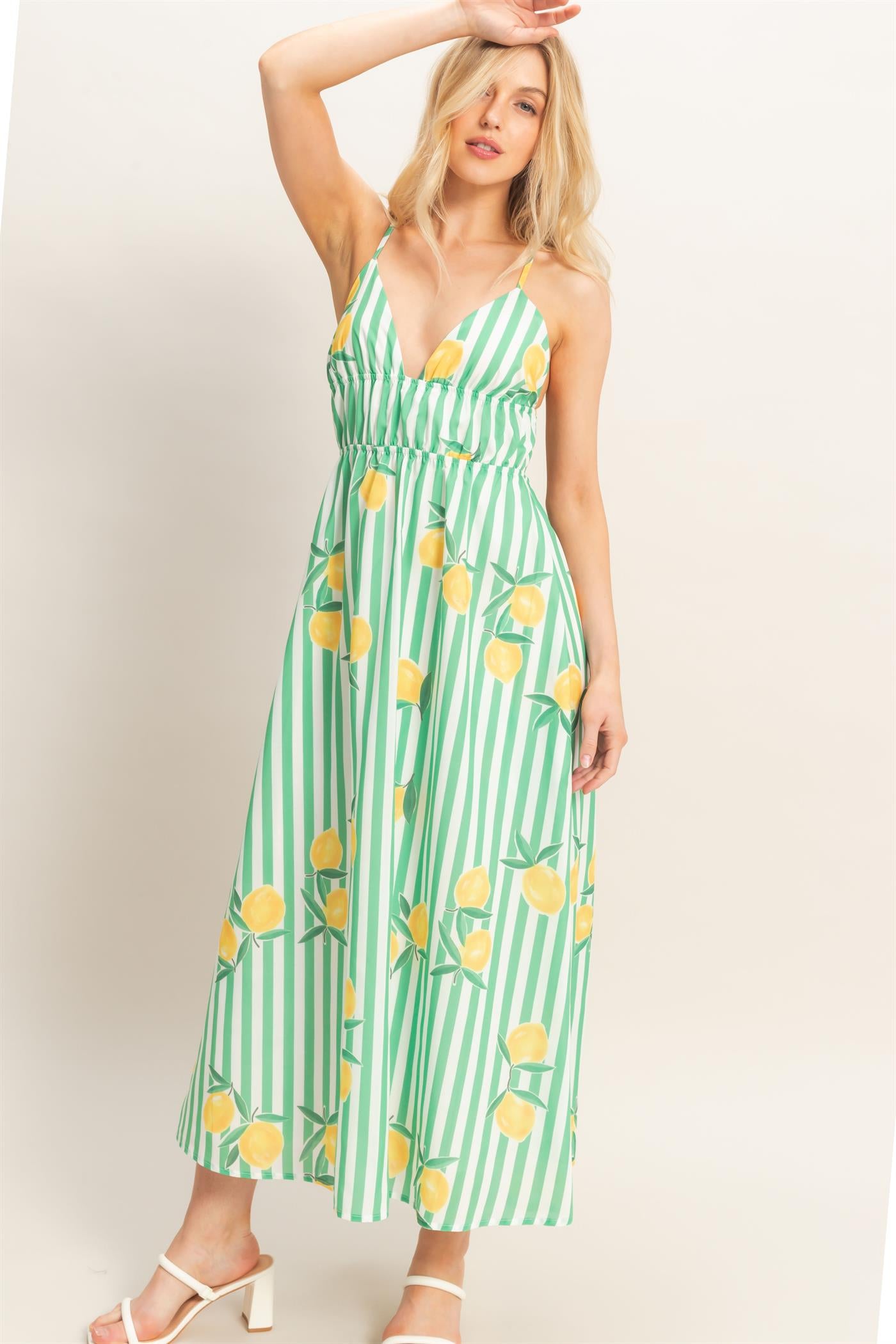Wholesale Striped Lemon Print Midi Dress Dresses HF26C269 GREEN HYFVE