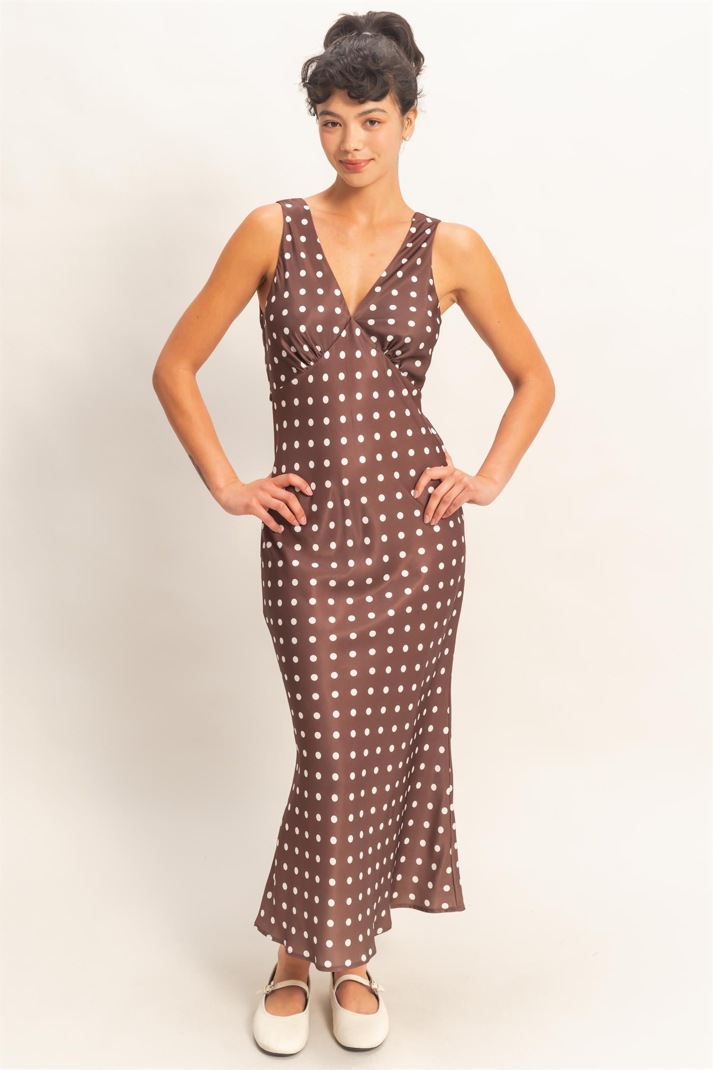 Wholesale Polka Dot Sleeveless Maxi Dress Dresses DZ25E063 CHOCOLATE DOUBLE ZERO
