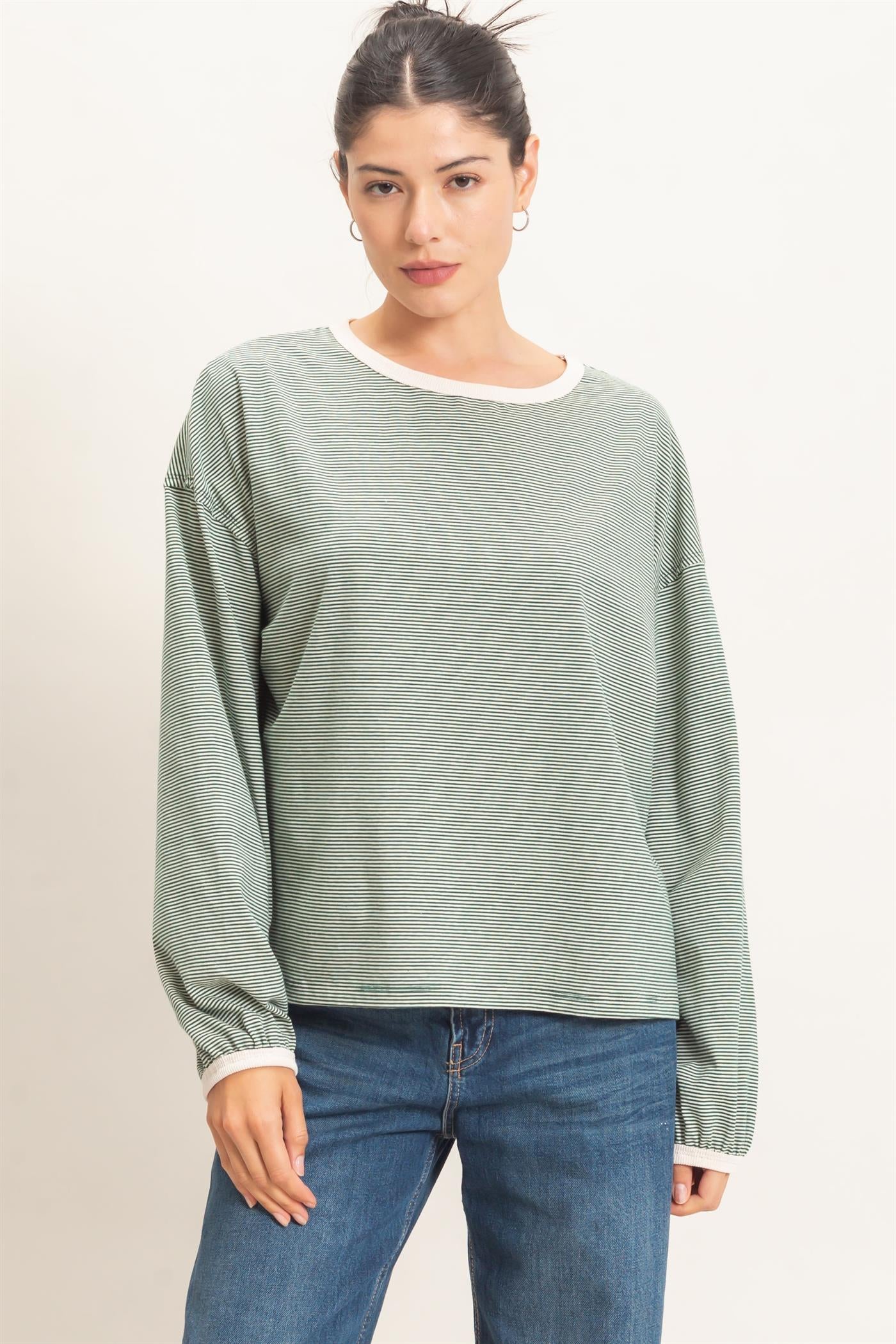 Wholesale Striped Boat Neck Long Sleeve Top Clothing Tops HF26E674 GREEN HYFVE