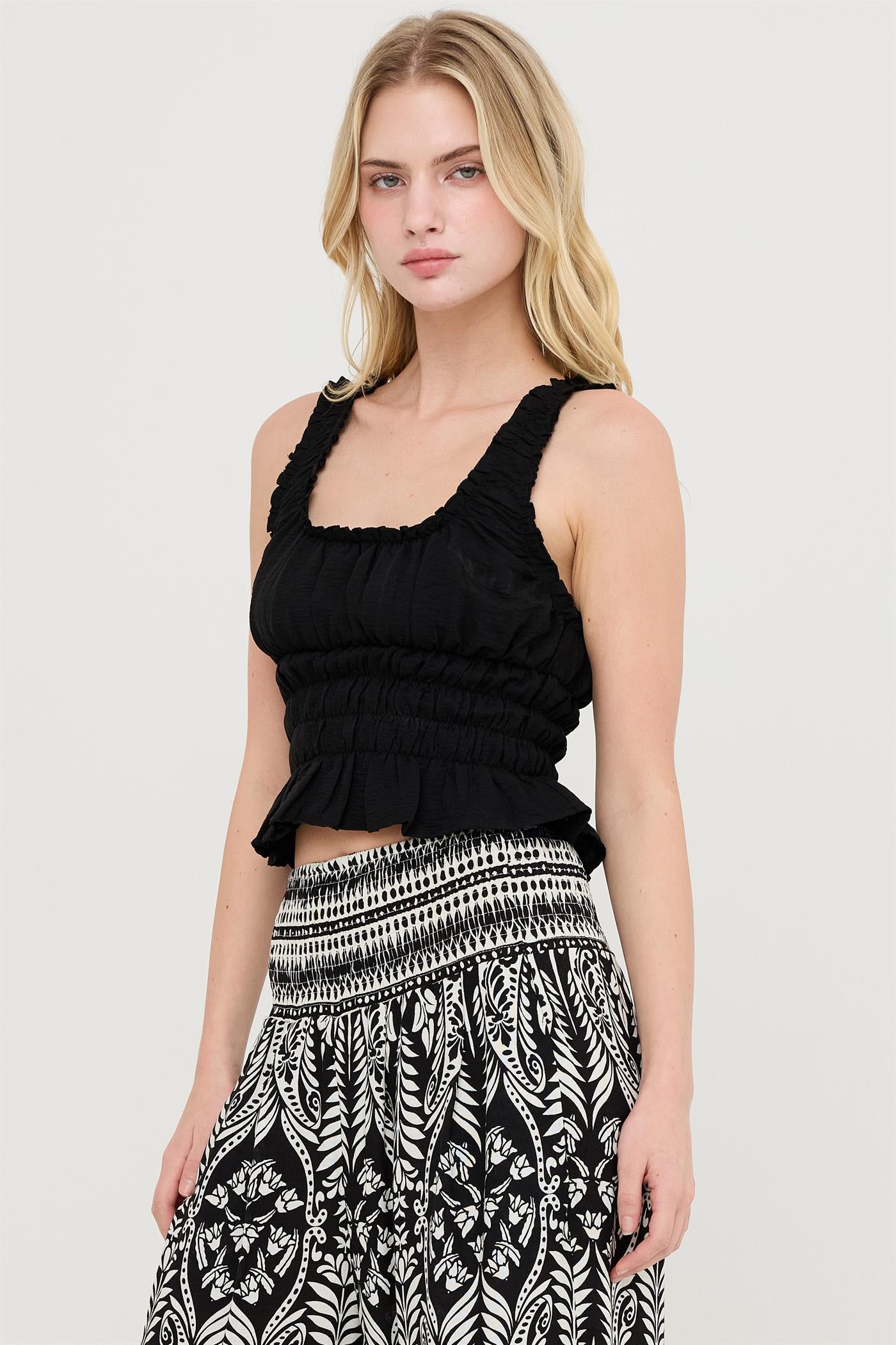 Wholesale Ruched Square Neck Smocked Top Clothing Tops HF26E388-D BLACK HYFVE