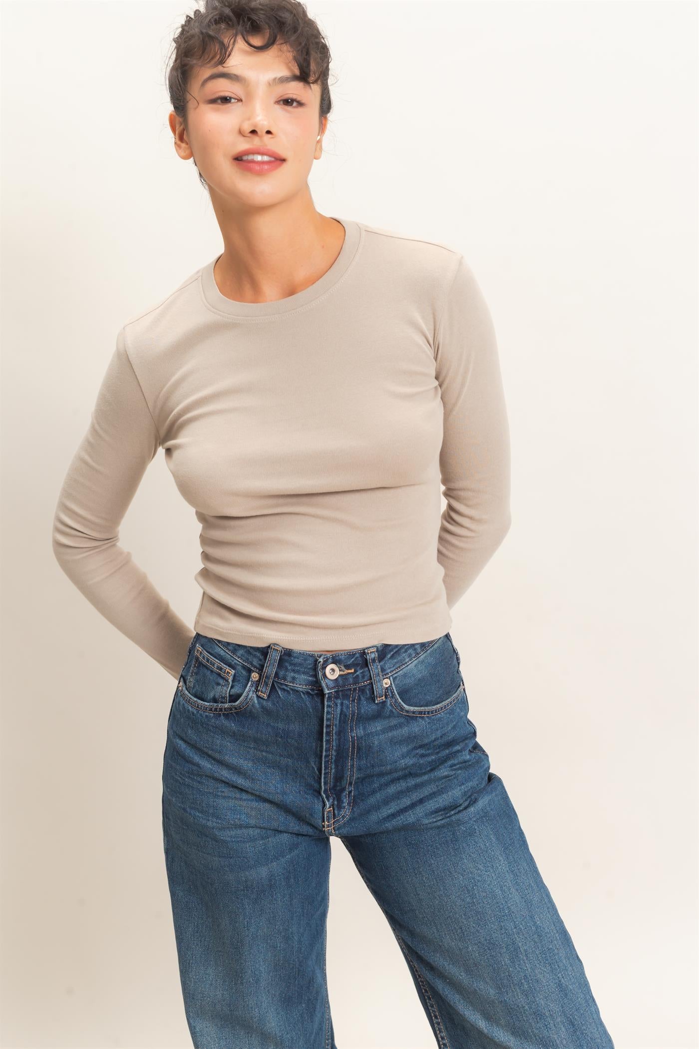 Wholesale Crew Neck Long Sleeve Top Clothing Tops DZ26E184 WARM GRAY DOUBLE ZERO