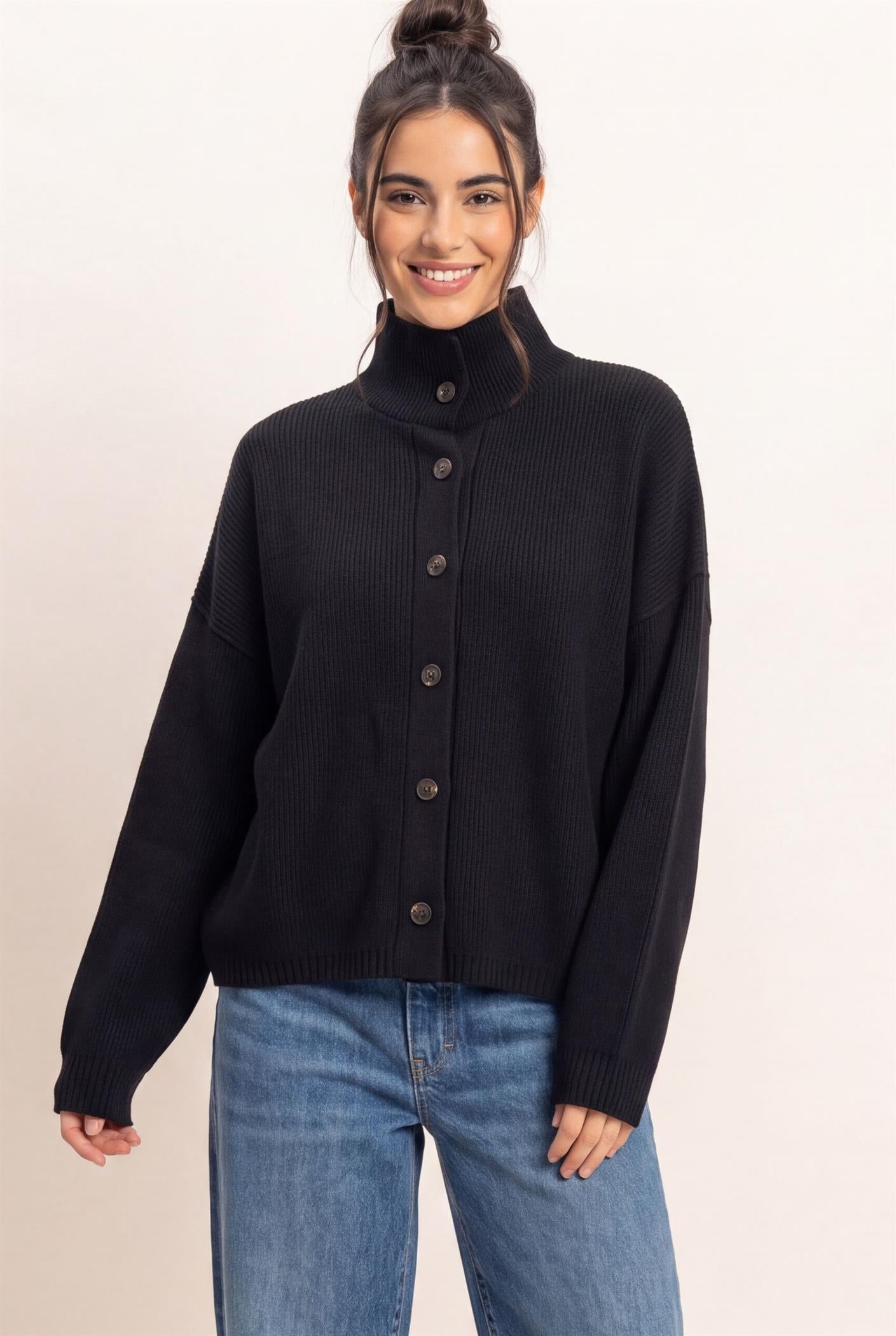 Wholesale High Neck Oversized Cardigan Cardigans DZ26E280 BLACK DOUBLE ZERO