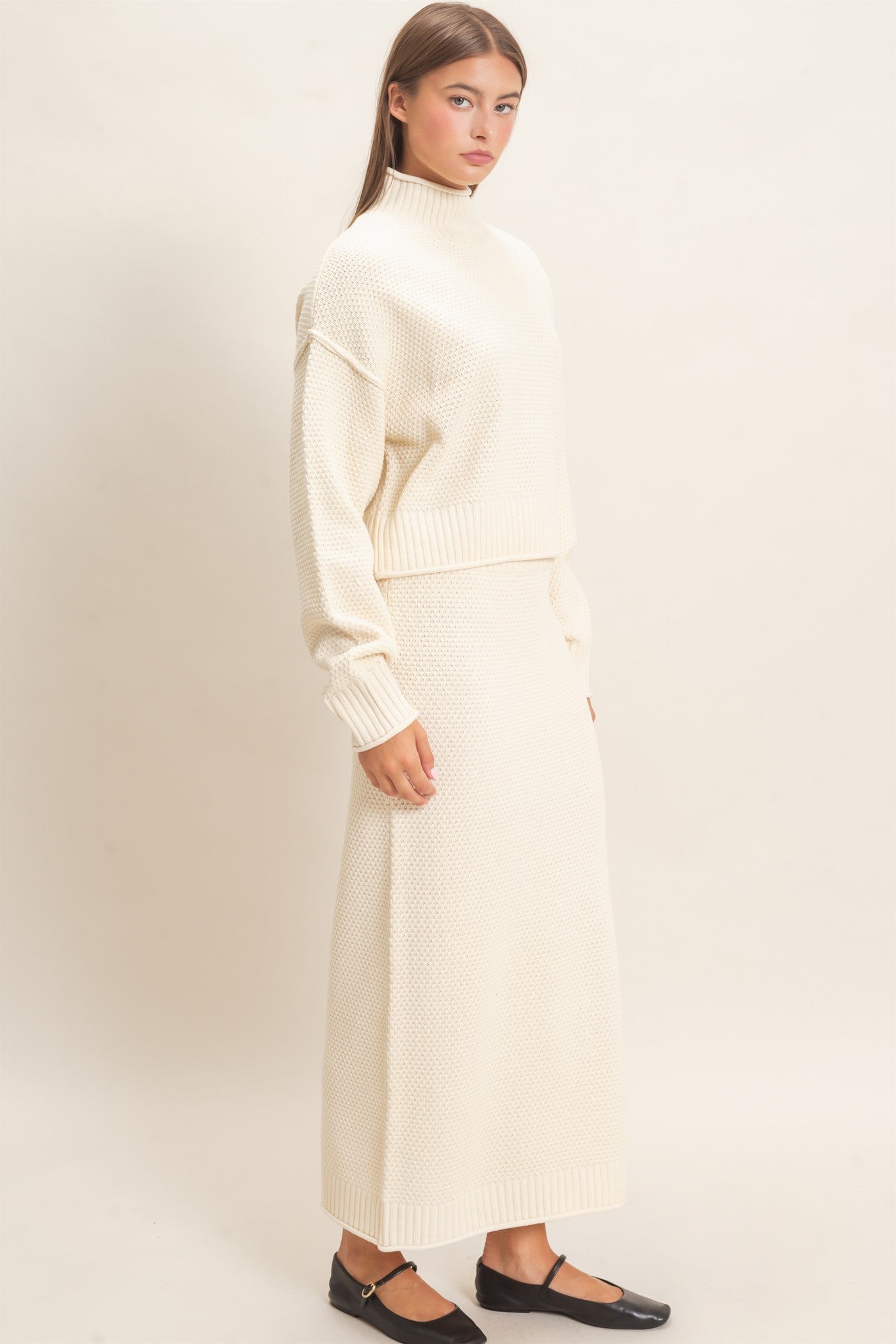 Wholesale High Neck Long Sleeve Top & Maxi Skirt Set Clothing DZ26E272-SET CREAM DOUBLE ZERO