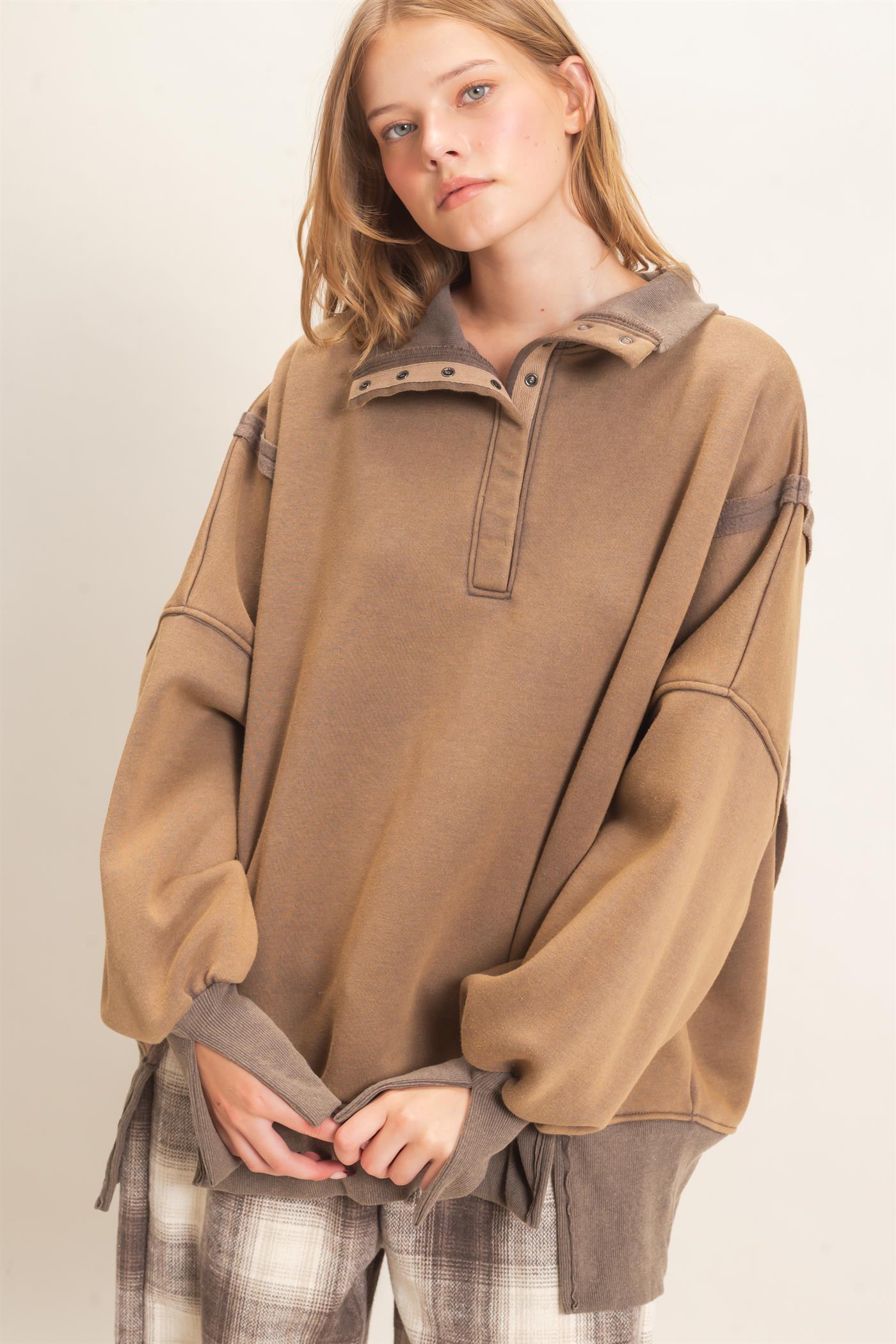 Wholesale Mineral Wash Snap Collar Pullover Clothing Tops HF26F086-D BROWN HYFVE