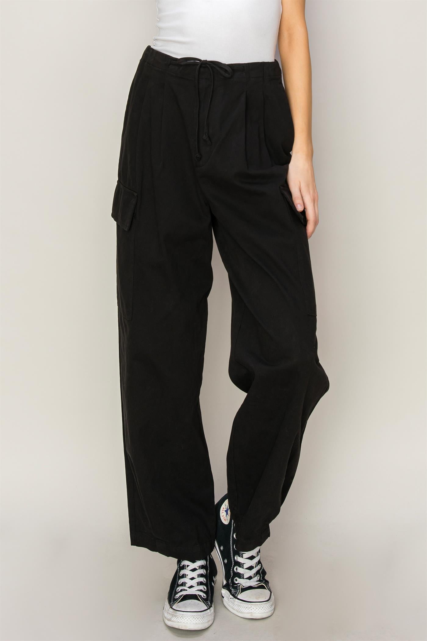 Wholesale High Waist Drawstring Cargo Pants Pants DZ24A650 BLACK DOUBLE ZERO