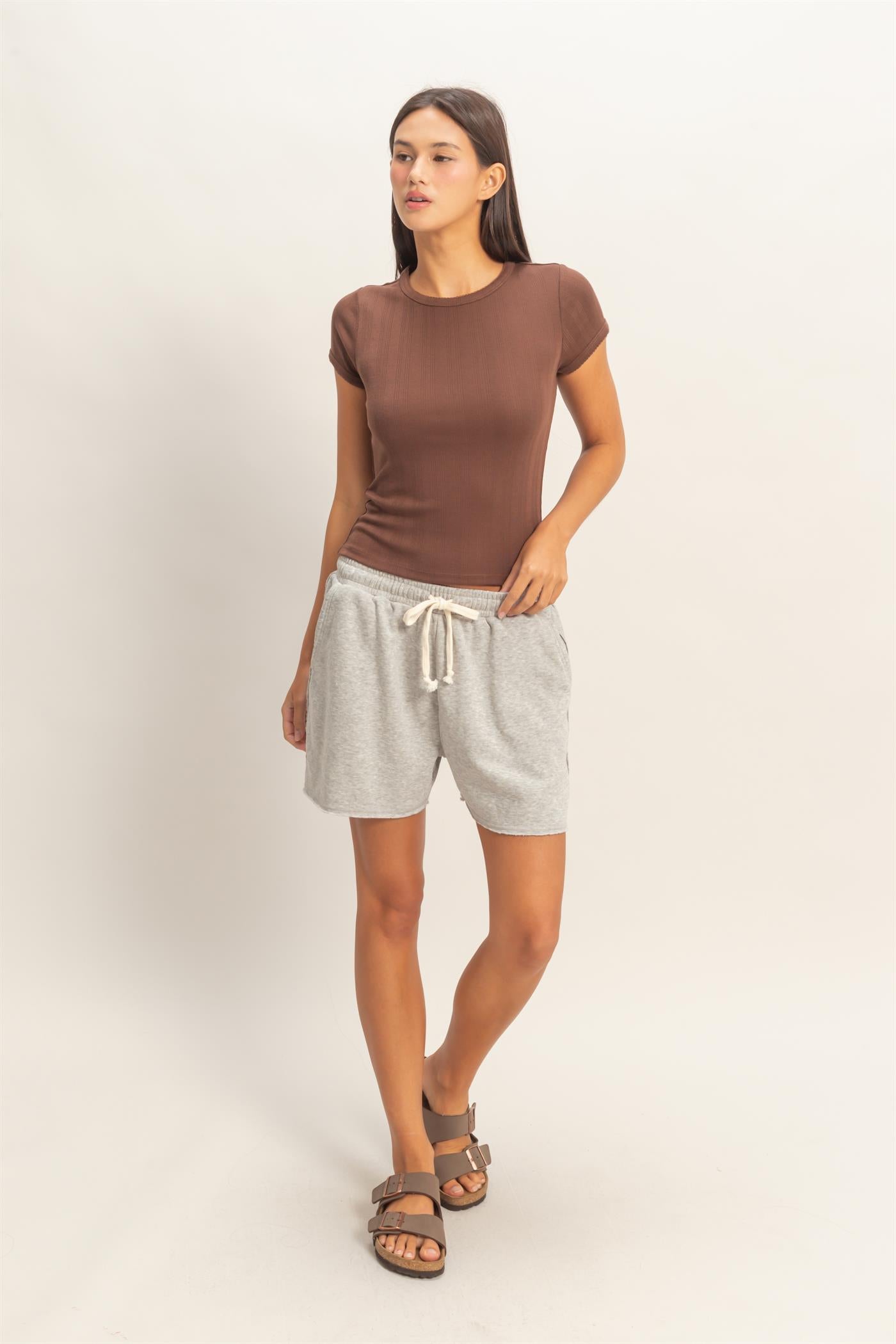 Wholesale Pointelle Short Sleeve Top Clothing Tops DZ26C285 CHOCOLATE DOUBLE ZERO